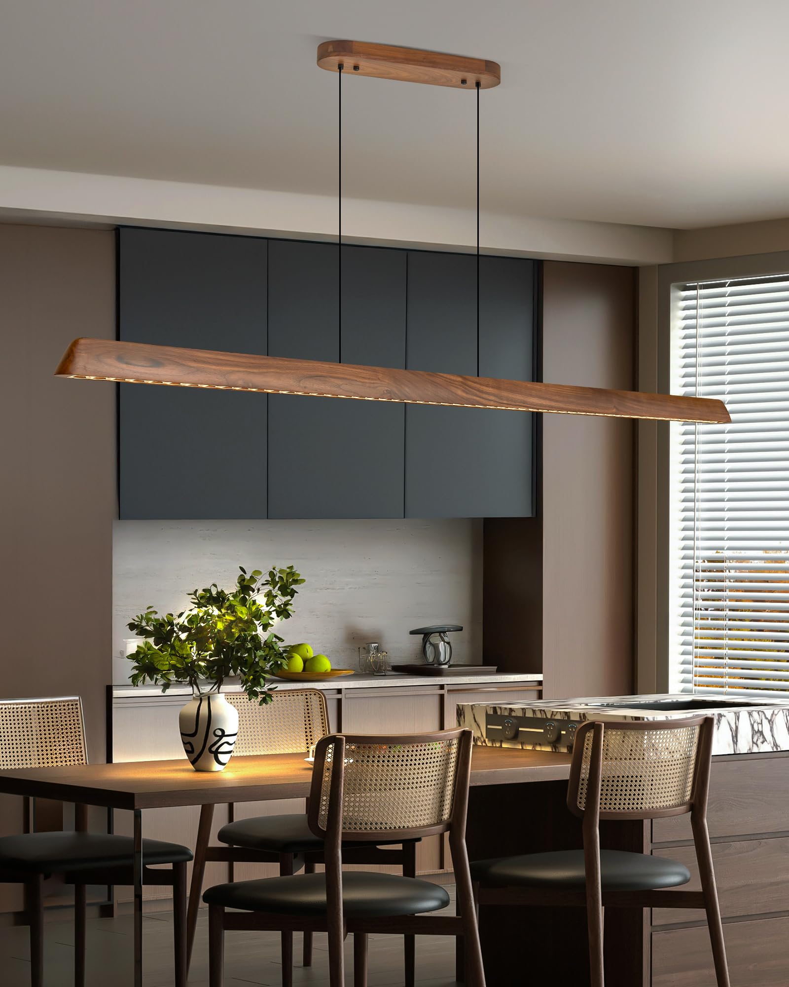 57" Wood Linear Pendant Light, Dimmable Kitchen Island Lighting with Remote, 30W LED Island Lights for Kitchen, Adjustable Linear Chandelier for
