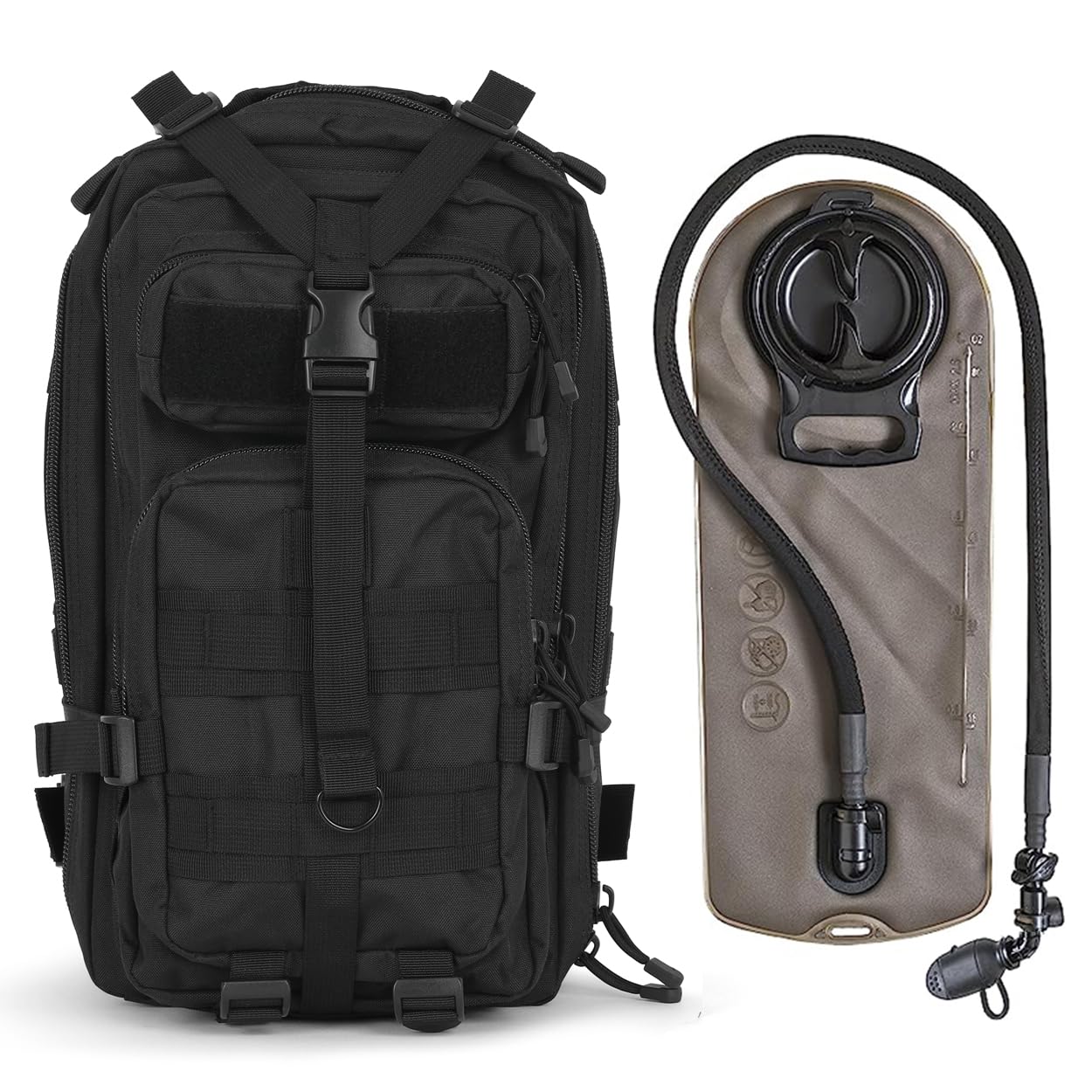 Gorilla Paks™ Small 30L Military Tactical MOLLE Hydration Backpack in Black - 2.5L Water Bladder Included - Rucksack - Daypack - Assault, Hunting, Hiking. (Black)