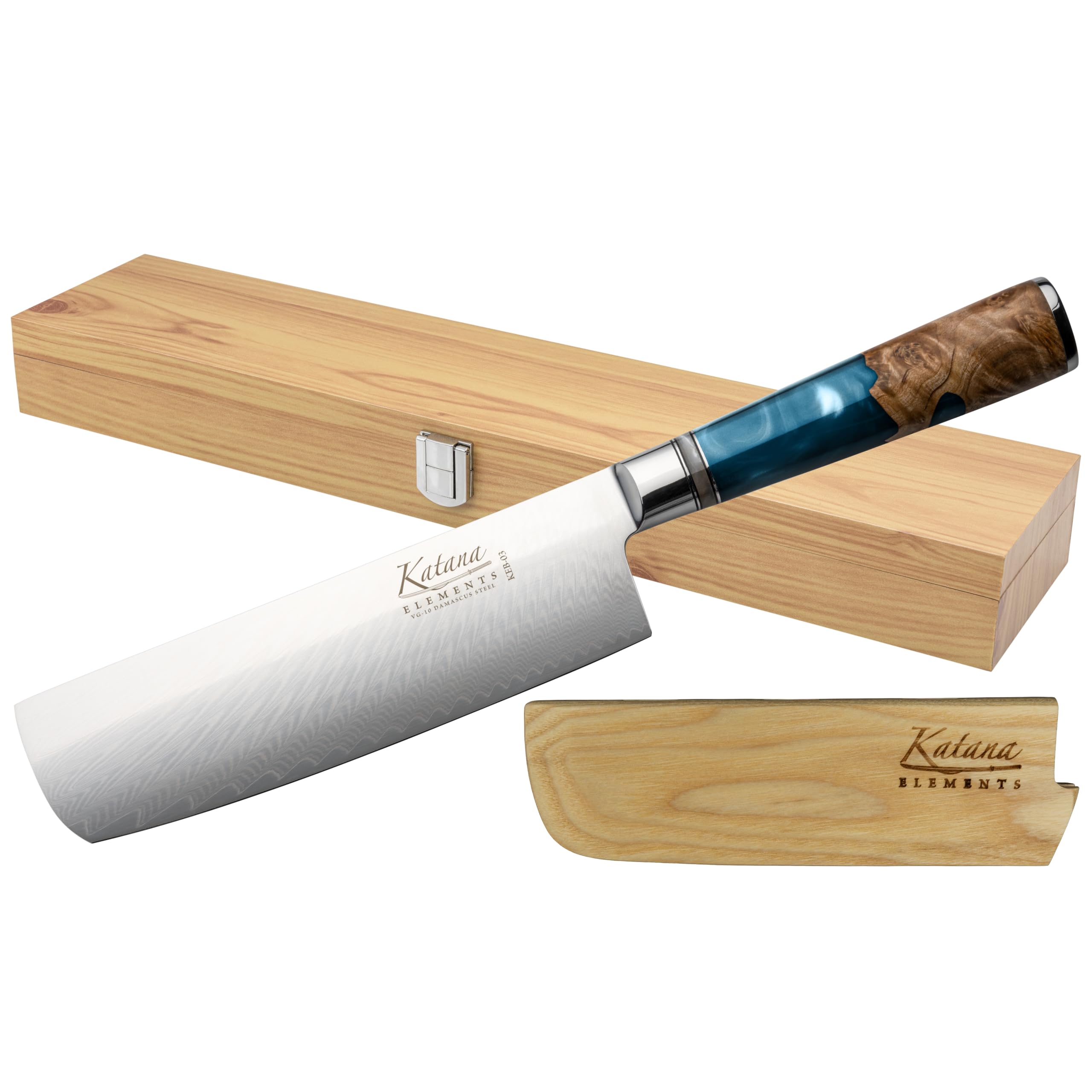 Katana Saya Elements 18cm Nakiri Knife, Ocean Blue, Kitchen Knife, Japanese 67-Layer VG-10 Damascus Stainless Steel, Natural Olivewood and Resin Handle, Japanese Style