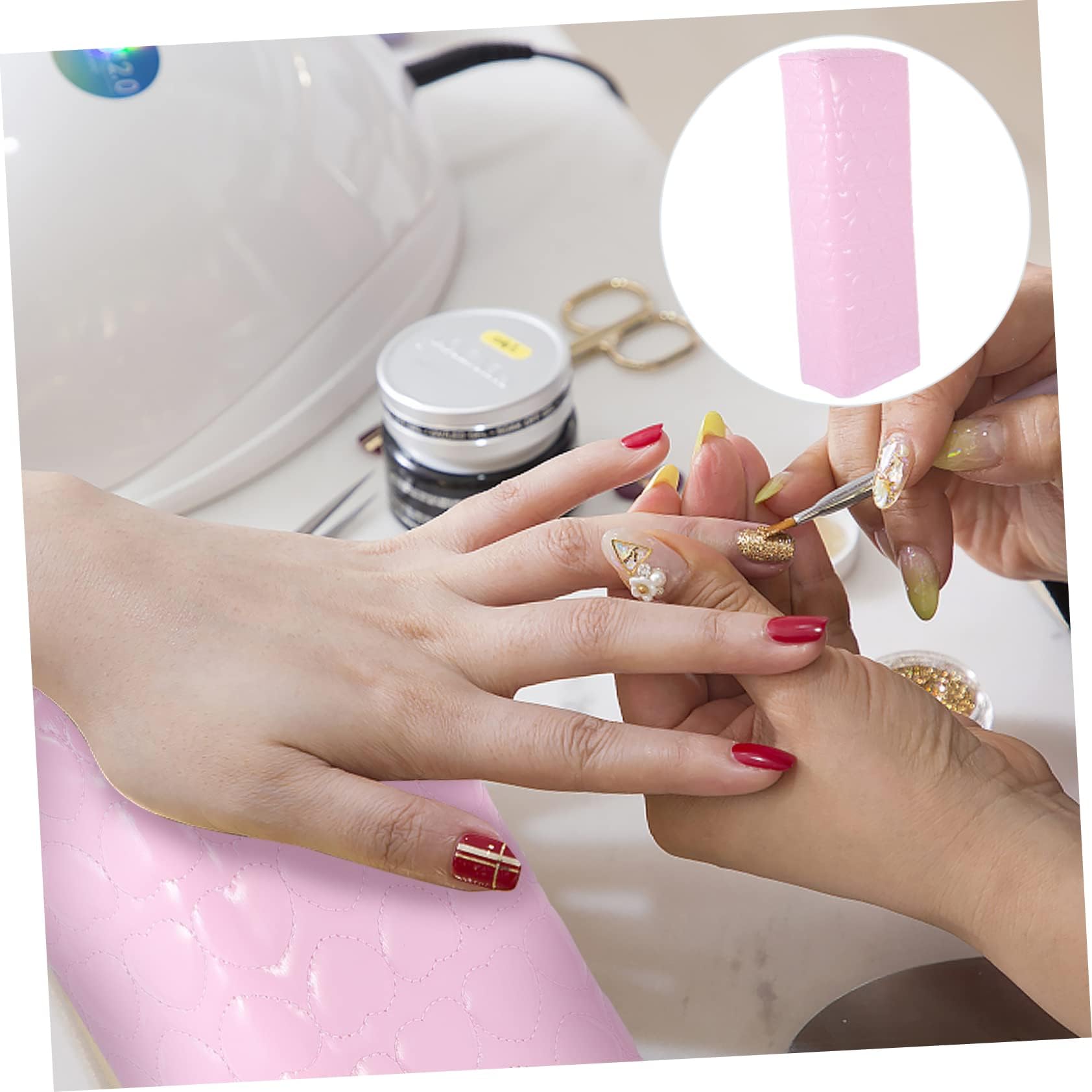 Kira Nail Arm Rest Hand Cushion, Stripe Leather Nail Pillow Hand Rest Pillow Salon Armrest Cushion Manicure Nail Art Pillow Accessories Tool Square Shape (Light Pink) 3
