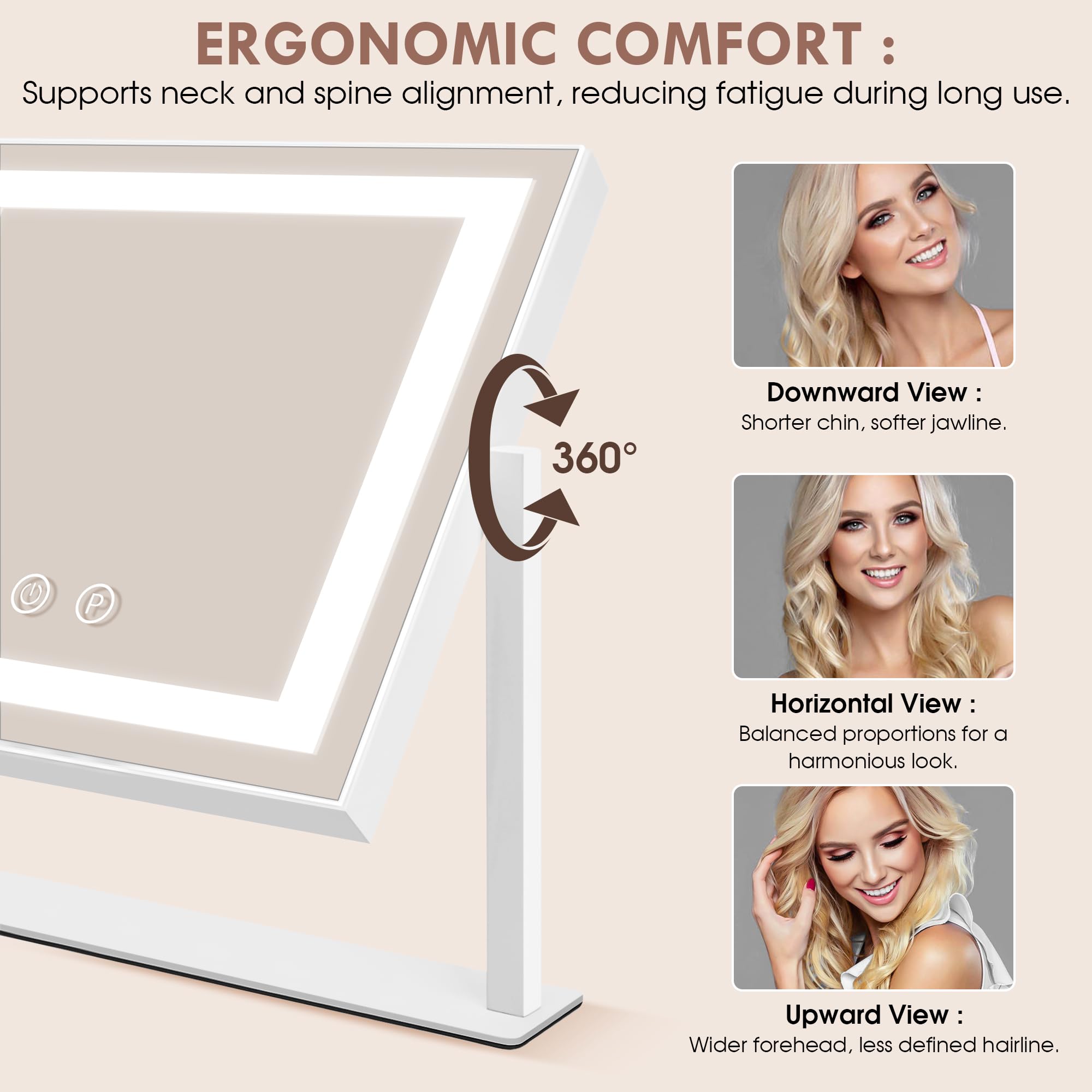 LuxeVue Espejo de Maquillaje con Luces, Espejo de Tocador con 3 Modos de Iluminación, Espejo con Luz, Sensor Táctil, Giratorio 360°, Marco de Metal, Regalo para Mujeres