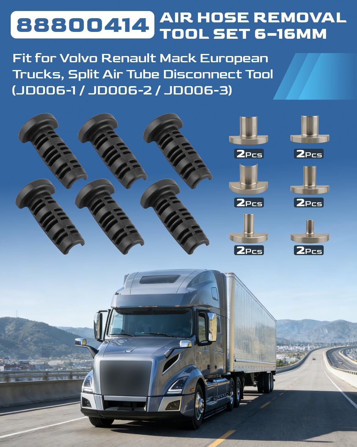 88800414 Air Hose Removal Tool Set 6–16mm, Fit for Volvo Renault Mack European Trucks, Split Air Tube Disconnect Tool (JD006-1 / JD006-2 / JD006-3)