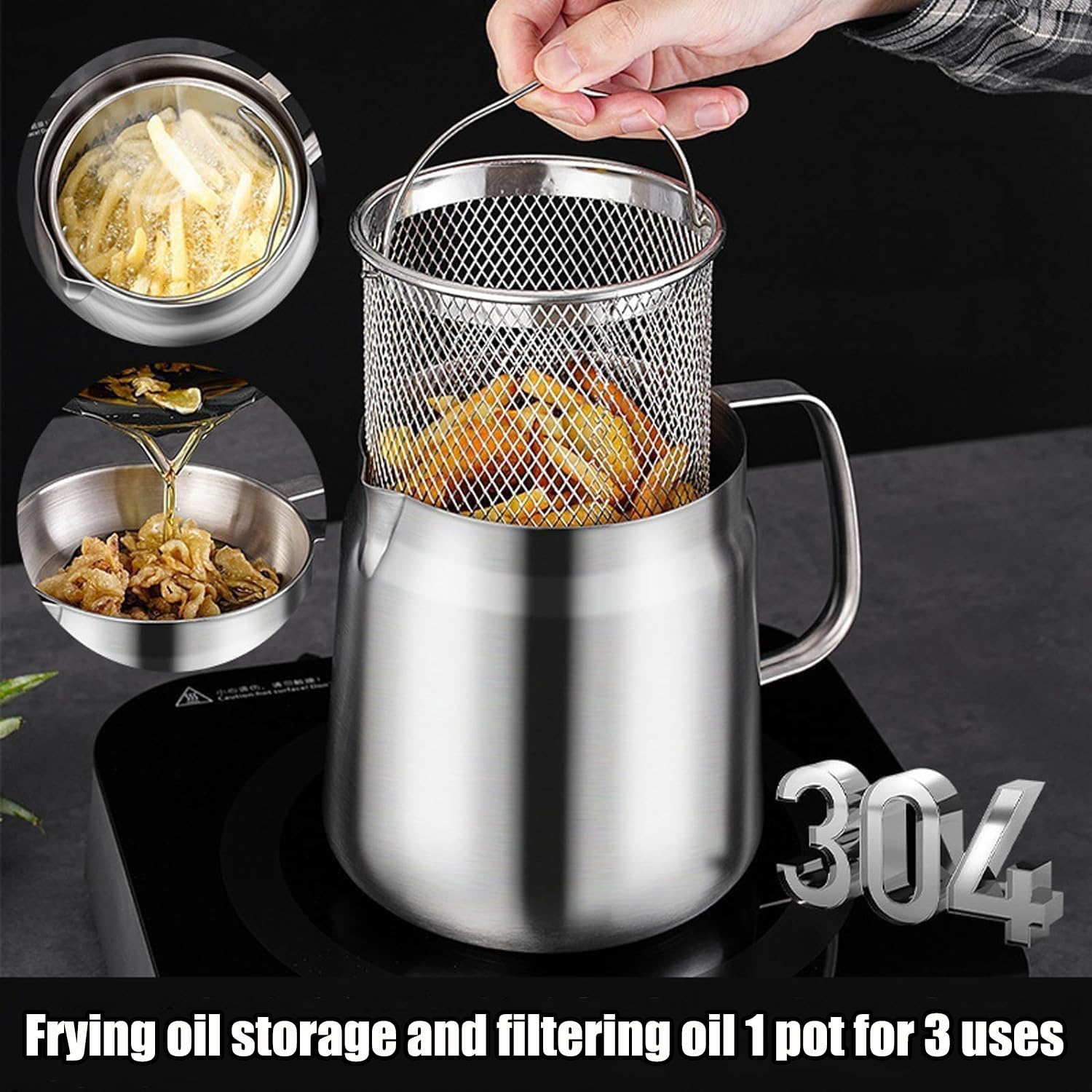 Olla de filtro de aceite de acero inoxidable 304 con colador, recipiente de aceite resistente para cocinar, recipiente de filtro versátil y mini freidora, capacidad de 2.0 L