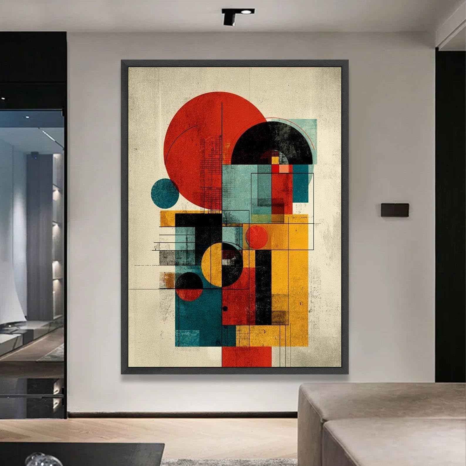 LMYCHENG Geometric Abstract Canvas, Vintage Style Painting, Colorful Squares and Circles Prints, Retro Mid Century Canvas Wall Art(60x80cm/Internal Frame)