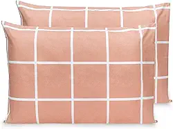 2 Fronhas Estampadas 70x50cm Percal Flex 400 Fios Toque Acetinado (Grid Rosê Bainha)