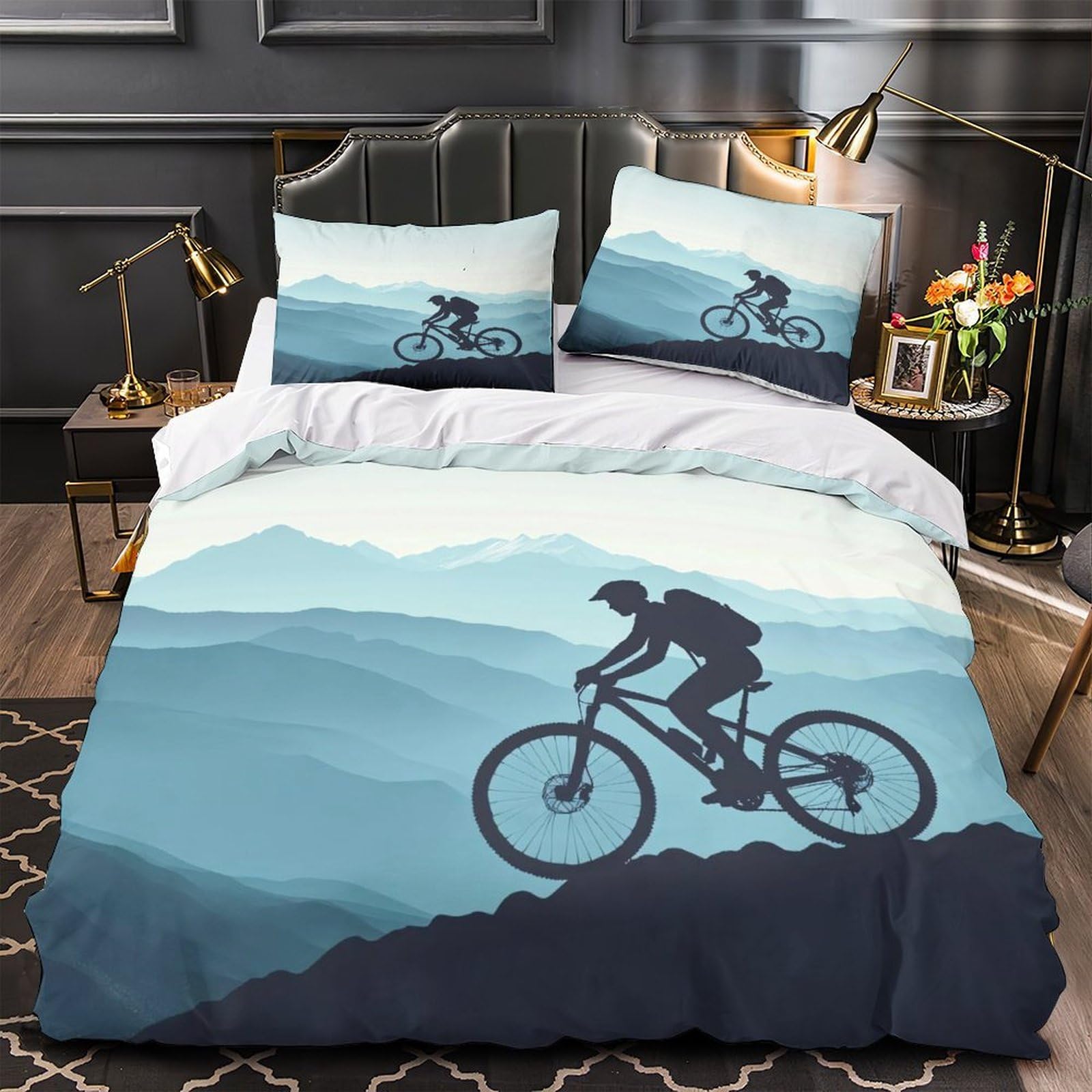 MMDASBVPE Mountain Biker Silhouette Quilt Cover 3D Design Printed Super Soft 3 Pcs Bedding Set Zipper Duvet Cover Ultra Soft Anti-allergic for Kids Adults Women Teens Youth Boys Super king（260x220cm）