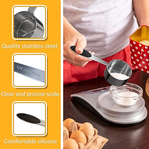 Vista 34 de 1 taza medidora individual de 3/4 tazas (6.0 fl oz, 6 onzas) con agarre de silicona negra, cucharada individual de acero inoxidable