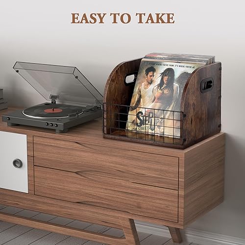 Miniatura 3 de Almacenamiento de discos de vinilo, soporte para discos de vinilo de madera y metal, caja de discos de vinilo LP, organizador de discos de vinilo de