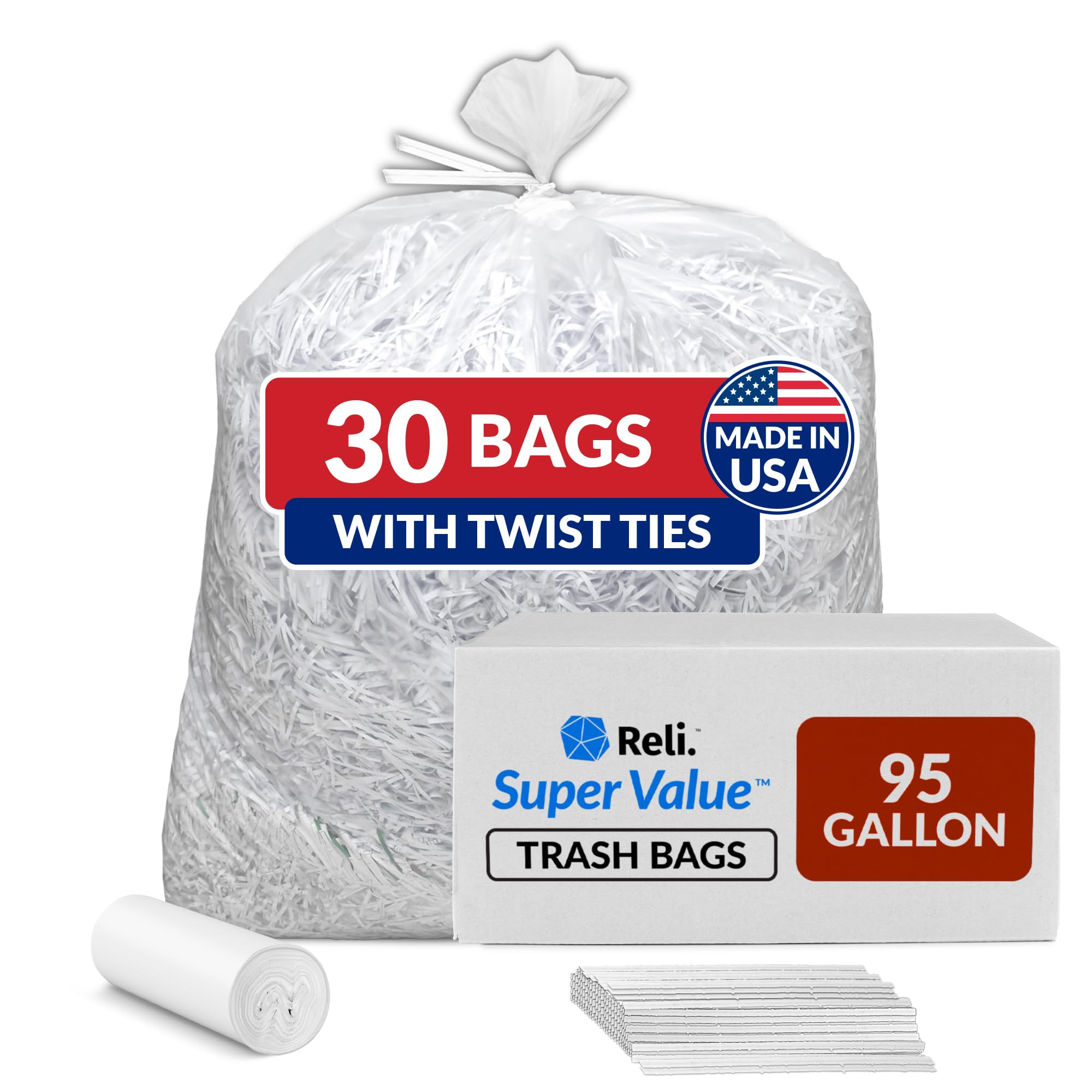 Reli. 95 Gallon Trash Bags Clear with Twist Ties