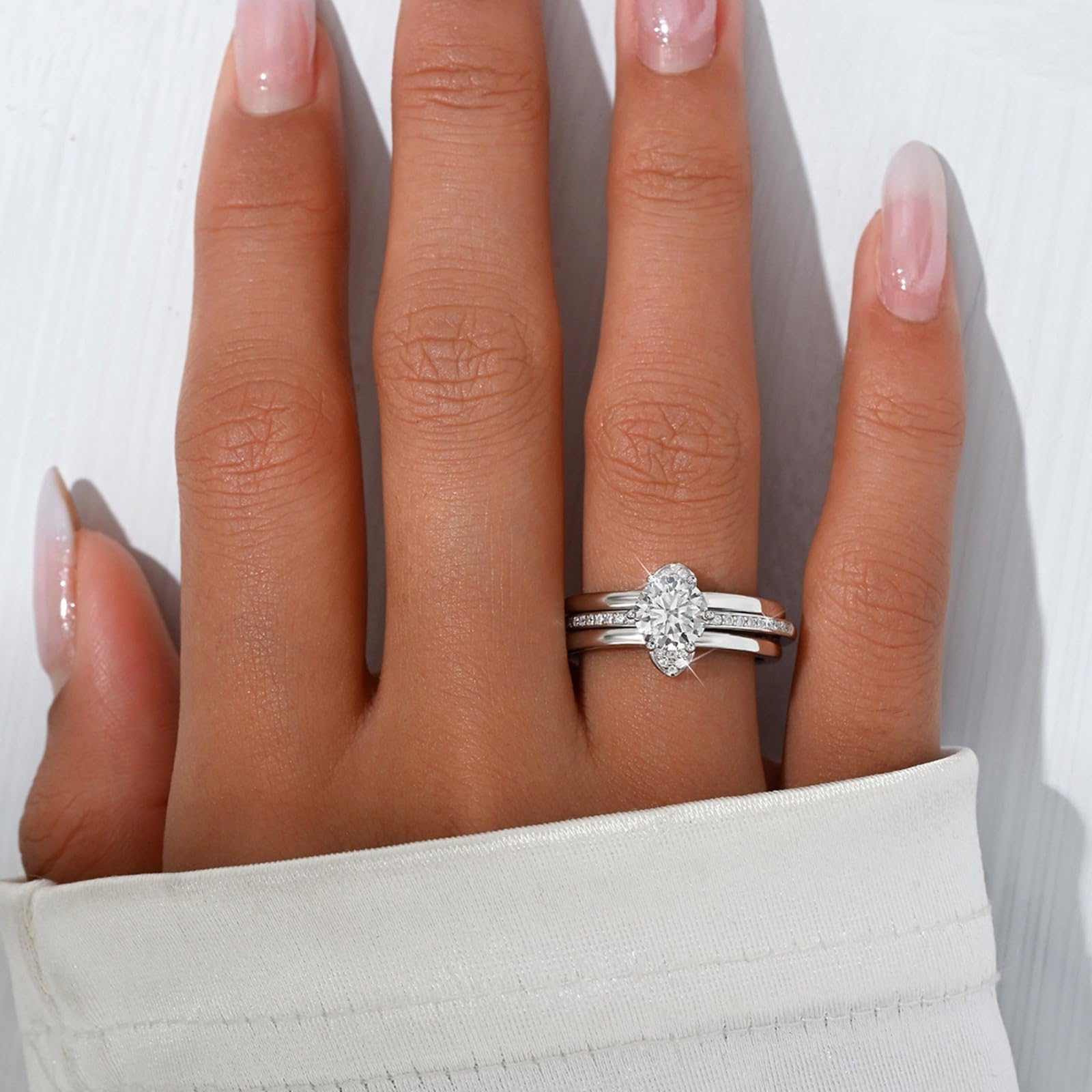 Set di anelli in oro bianco 9 carati, da donna, con moissanite, gioielli in vero oro, Au375, misura 54 (17,2)