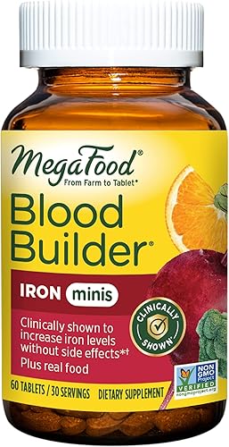 MegaFood Blood Builder Minis suplemento de hierro que se muestra para aumentar los niveles de hierro sin náuseas o estreñimiento apoyo energético