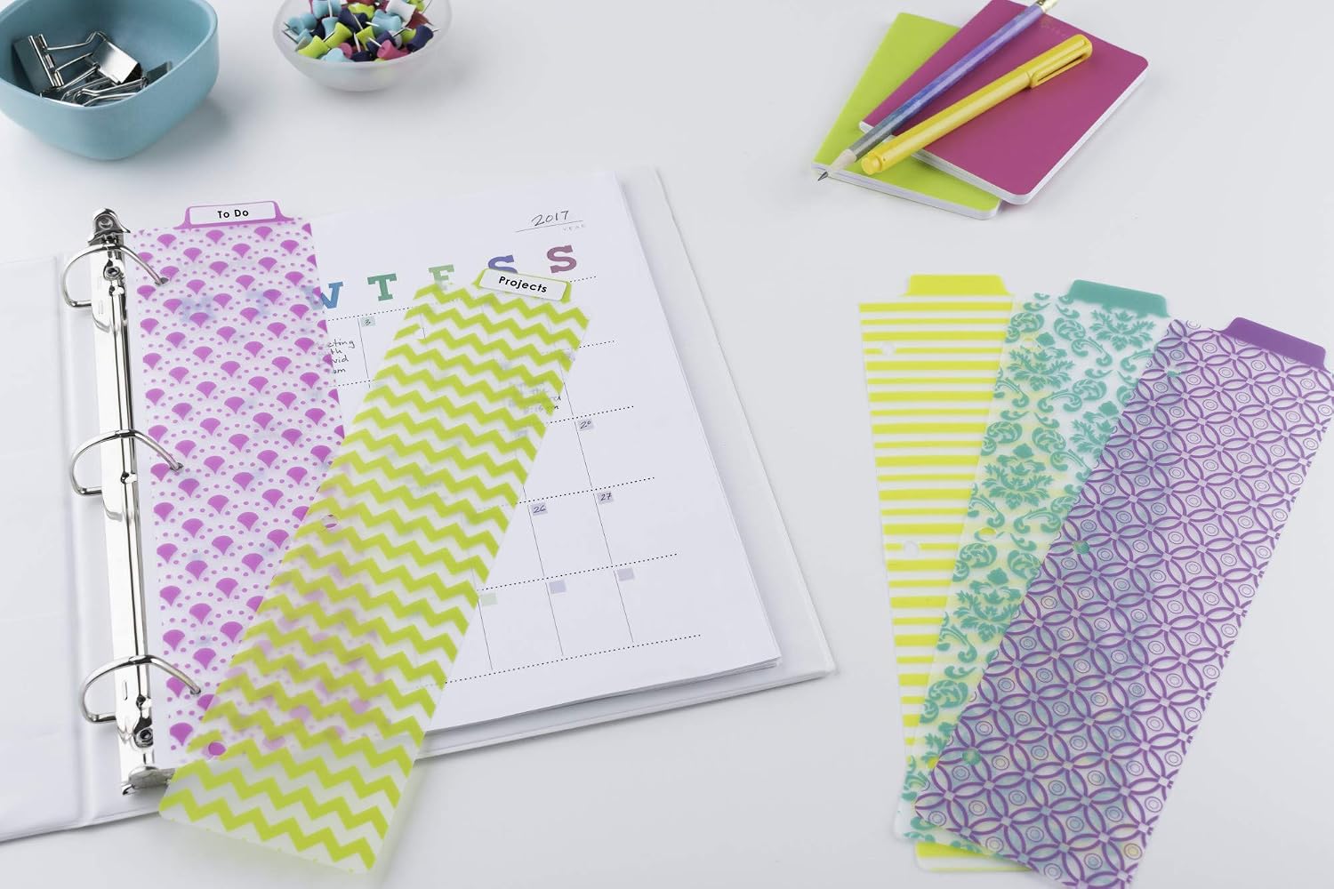 Avery Snap-in Bookmark Plastic Dividers for 3 Ring Binders, 5-Tab Set, Assorted Designs with White Labels, 1 Set (24909)
