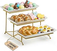 Vista 7 de LAUCHUH Bandeja de servir de 3 niveles para fiestas, bandeja escalonada de porcelana para servir plegable, bandeja de metal resistente para frutas