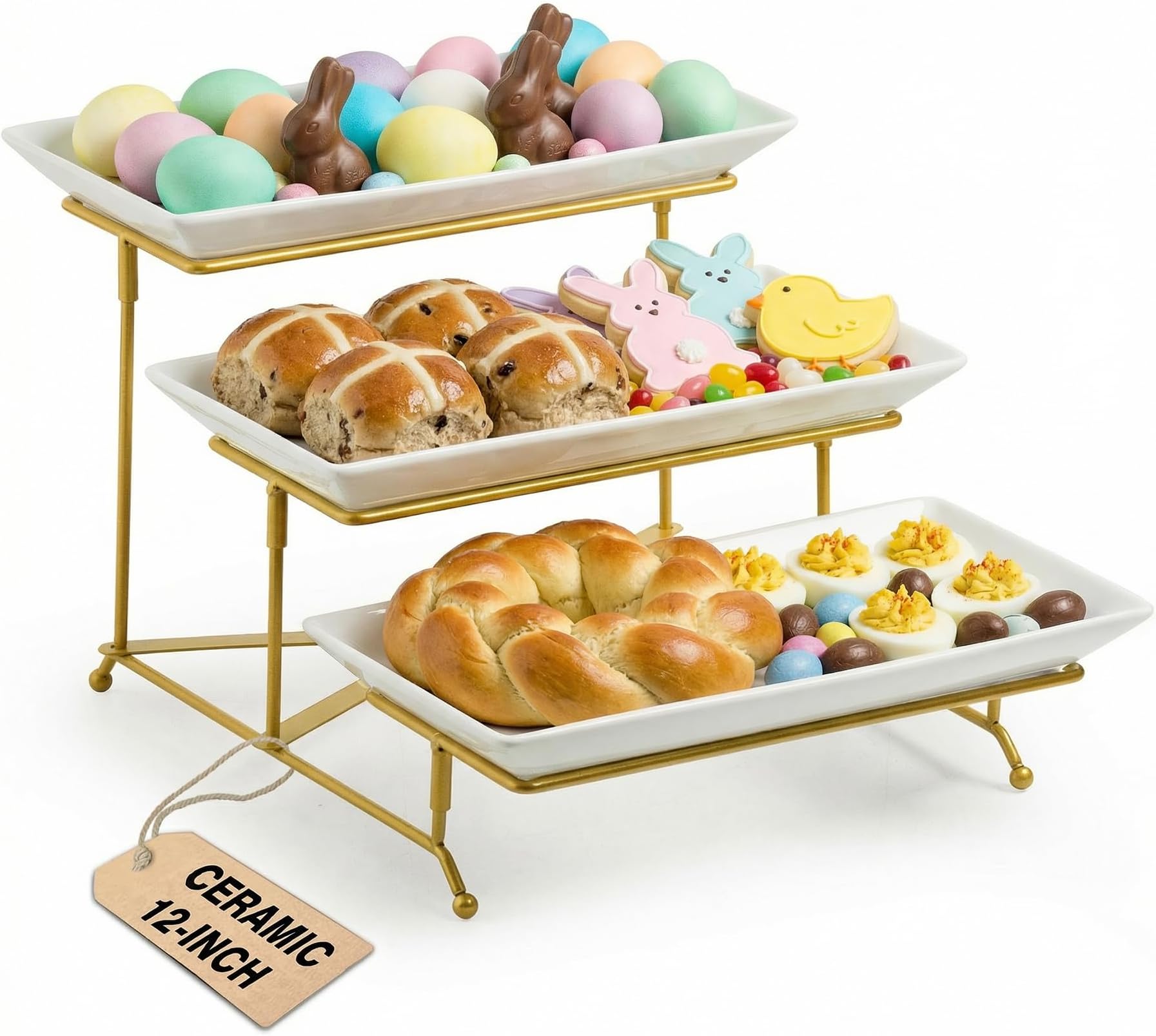 LAUCHUH 3 Tier Serving Stand with Porcelain Serving Platter Tier Serving Trays with Collapsible Sturdier Rack, Serving Dishes and Platters, Gold, 12 Inch