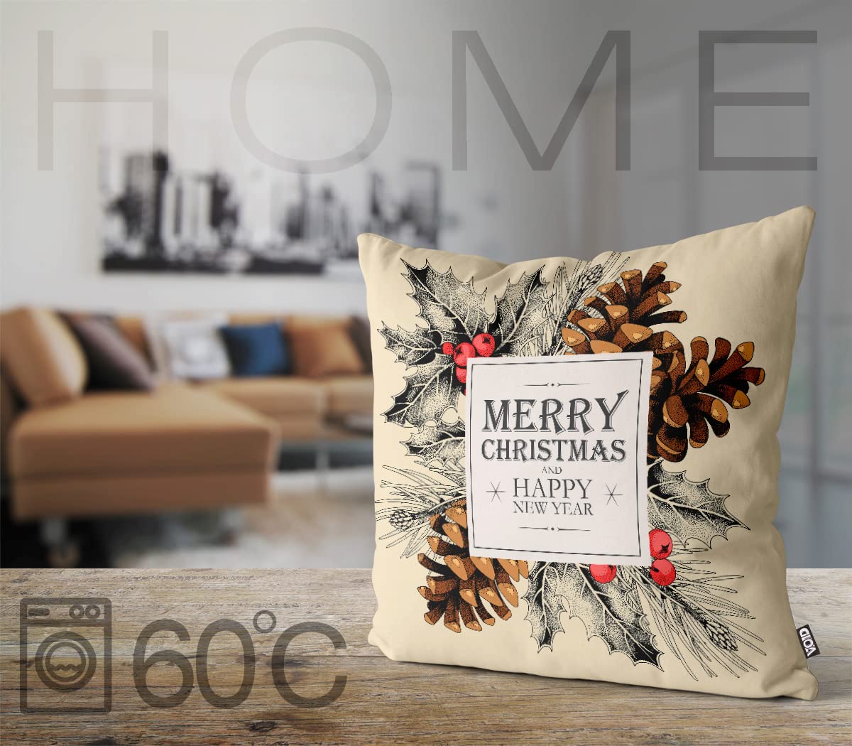 VOID Buon Natale Cono di Abete Cuscini federe Poliestere Impermeabile per Uso Outdoor e Indoor, Kissen Size:60 x 60 cm