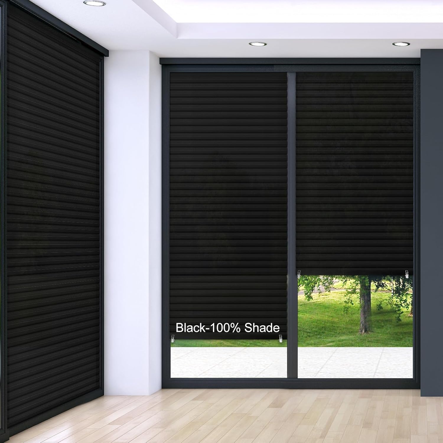 Threehoney 6 Pcs 35 x 110 Inches Temporary Blinds No Tools Cut to Size Fabric Paper Pleated Shades Adhesive Privacy Blinds for Window French Door Sliding Door Light Filtering (Black)