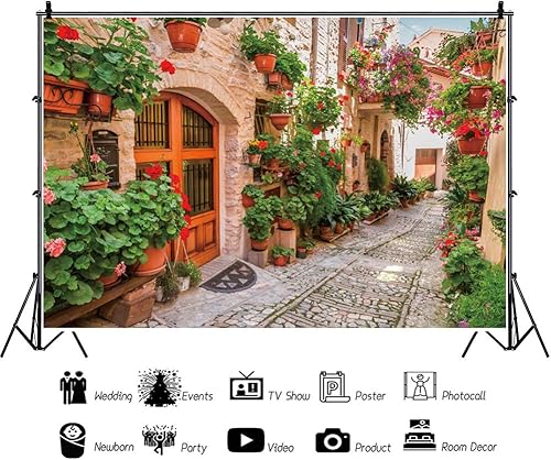 Miniatura 3 de Leyiyi Telón de fondo de calle urbana italiana de 8 x 6.5 pies, flores de primavera, flor, arquitectura medieval, vacaciones de verano, viajes,