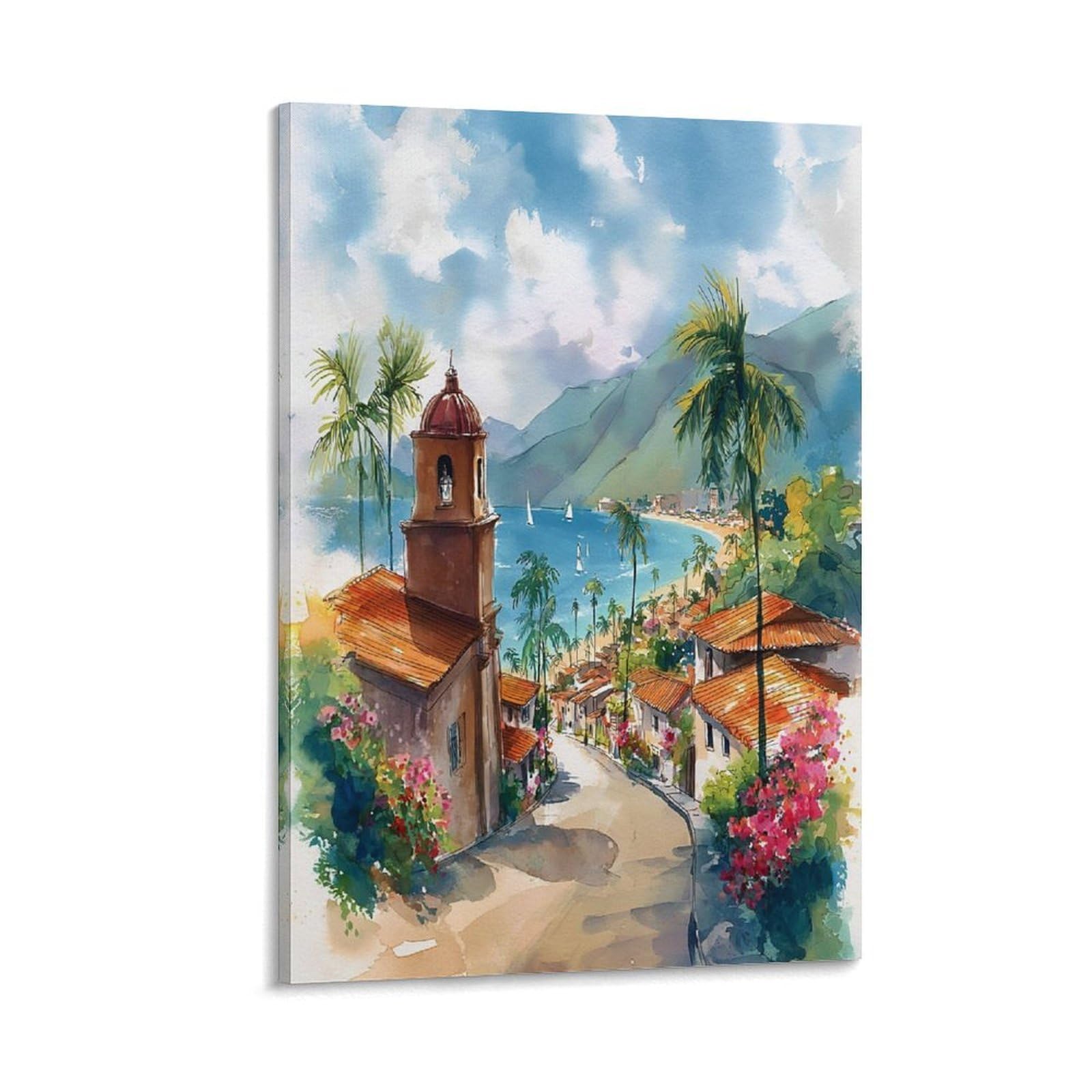 LCYNNH Puerto Vallarta Watercolor Painting 24x36inch(60x90cm) Vintage Travel Poster Watercolor Canvas Art