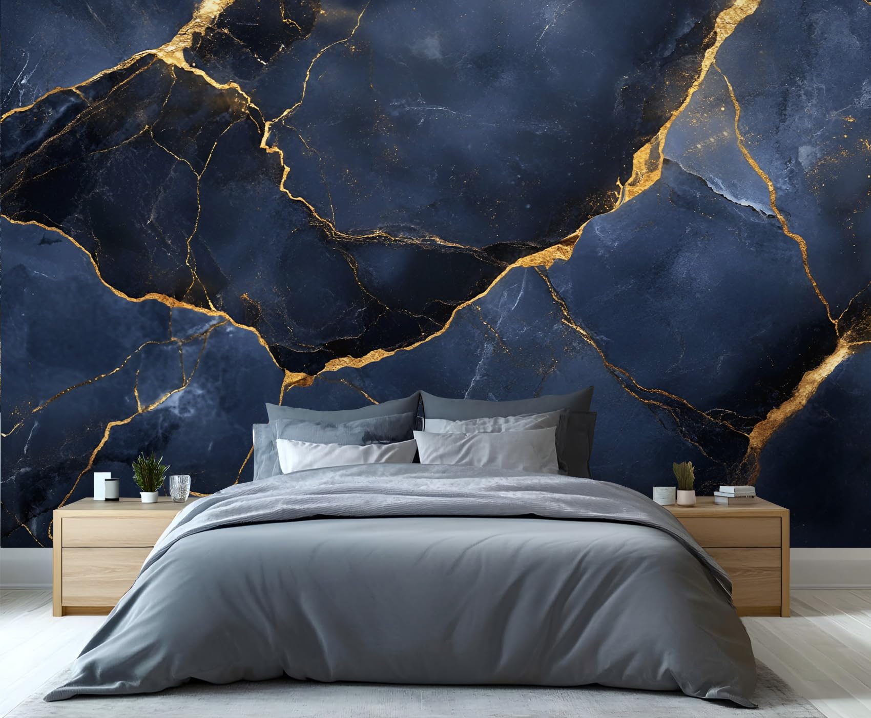 Royal Navy Blue 3D Custom Wallpaper, Blue Gold Marble Wall Paintings, Luxury Black Gold Wall Mural for Kids Room Living Room Dining Room Office Bedroom