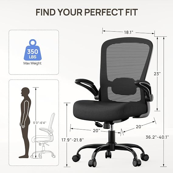 Mimoglad Ergonomic Office Chair - Desk Chair with Flip-up Armrests & 135 Recline, Adjustable Lumbar Support - Space-Saving Task Chair for Business/Team Office & Home (Black, 350lbs)