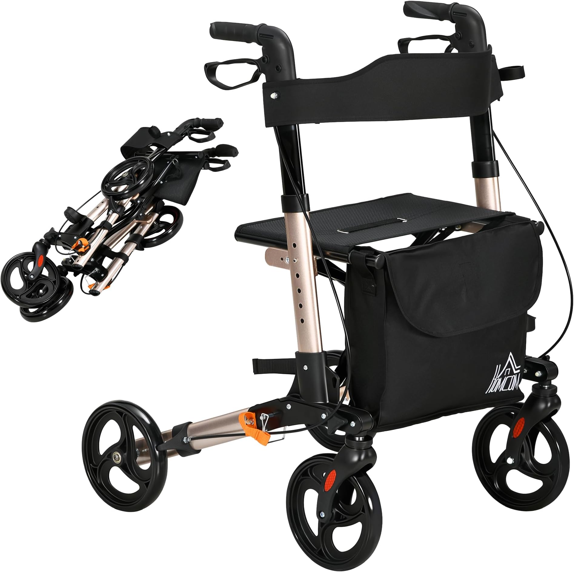 HOMCOM Rollator Walker with Seat, Compact Quick Folding Mobility Walker with 8" Wheels, Carry Bag, Adjustable Height, Cane Holder and Lightweight Aluminium Frame for Seniors and Disabled, Gold Tone