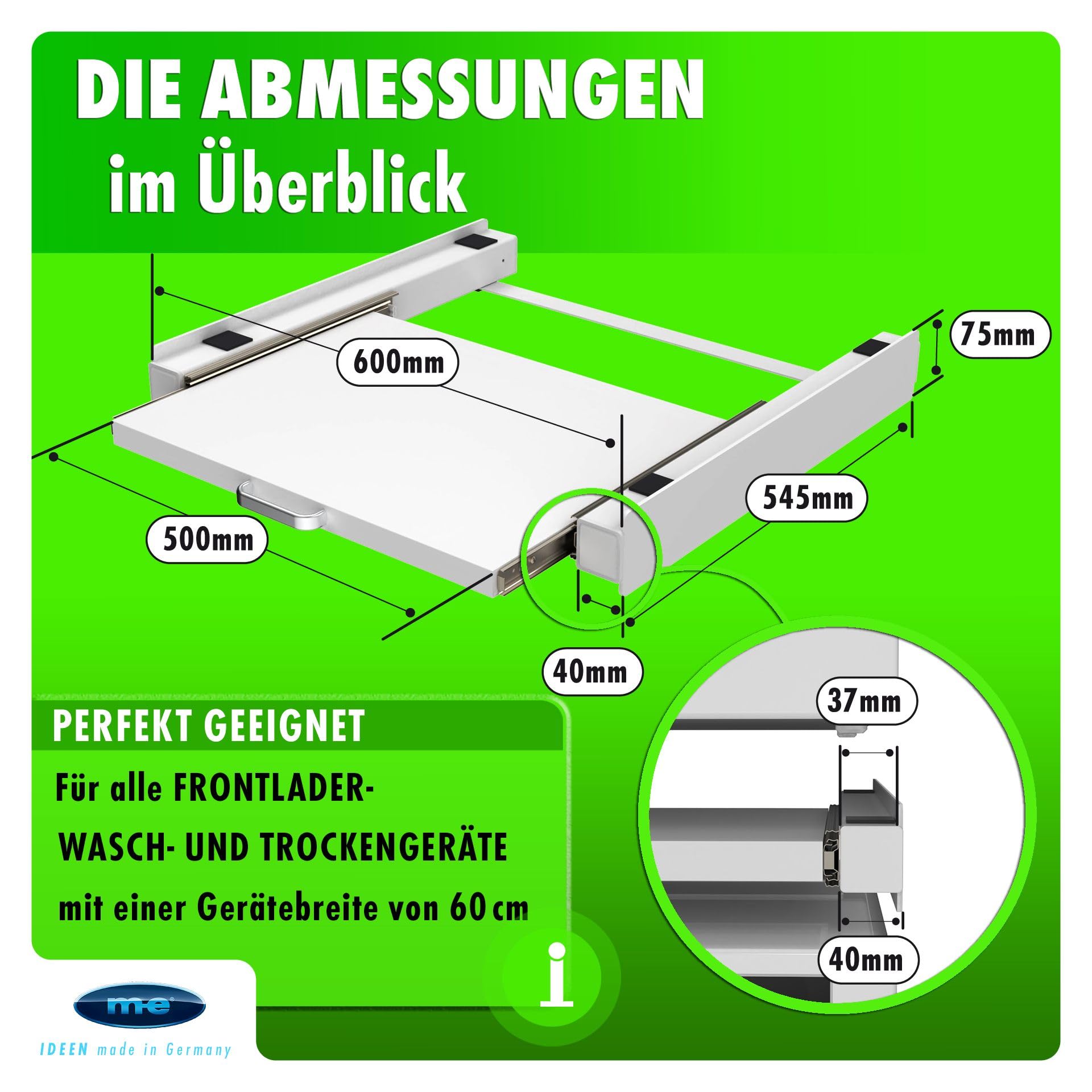 m-e ZR-56 Zwischenbaurahmen für Trockner & Waschmaschine – Verbindungsrahmen mit Ablage – stabil stapeln & fixieren – Waschmaschine-Trockner-Verbindung für 60 cm Geräte, 100% Metall