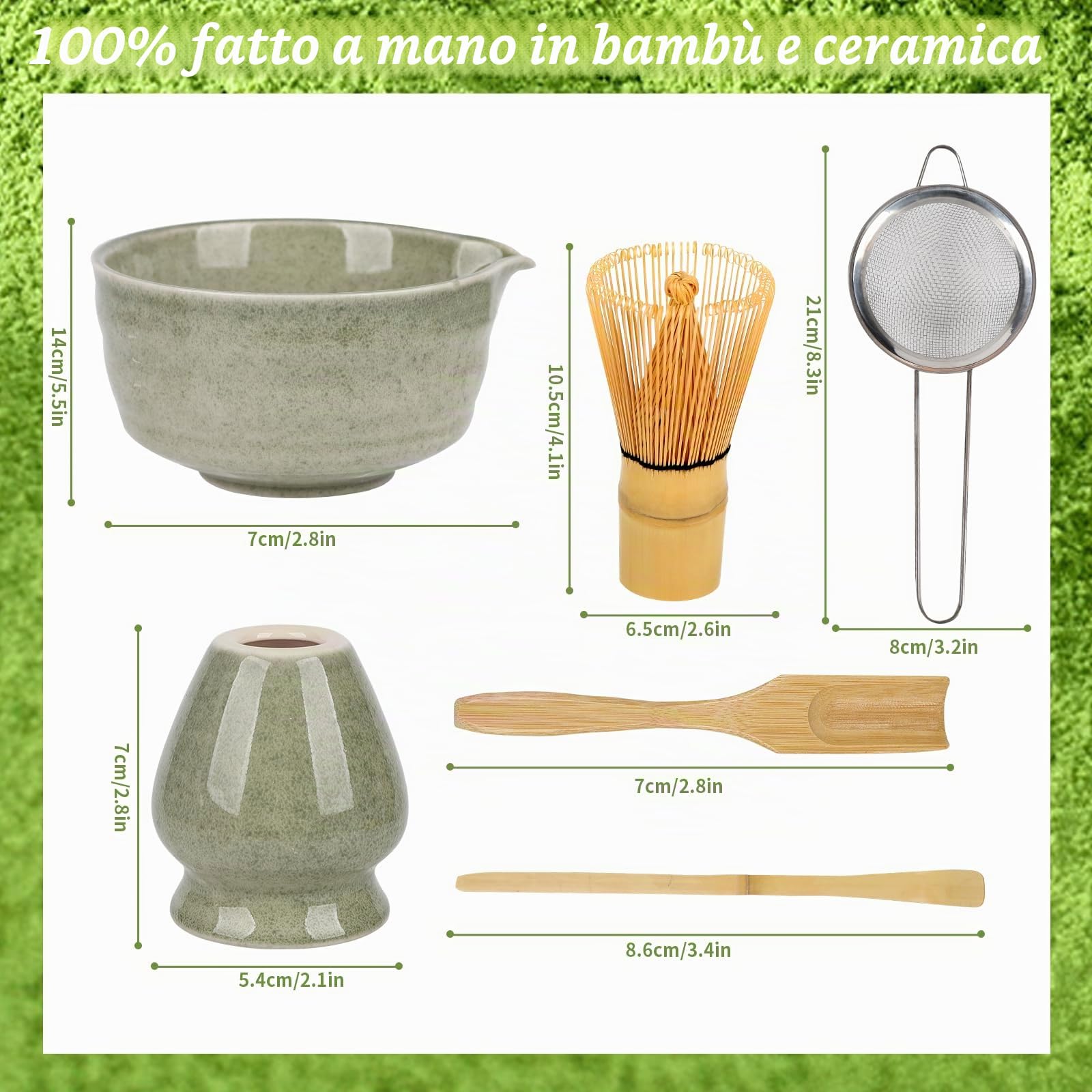 Matcha Kit, Matcha Set da 6 Pezzi con Frusta per Matcha, Ciotola per Matcha, Filtro per Matcha, 2 Cucchiaio e Supporto in Ceramica, Set Matcha Ideale per la Preparazione del Tè Matcha (A)