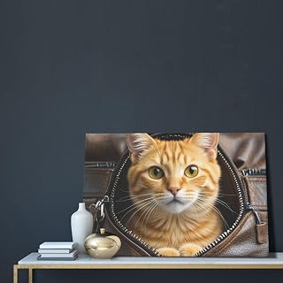 Cat Peeks Out Of Zippered Leather Pocket Wall Art Posters Modern Prints Painting Framed Pictures Artwork Decoration For Living Room Kitchen Bathroom Office Ready To Hang 16x24in