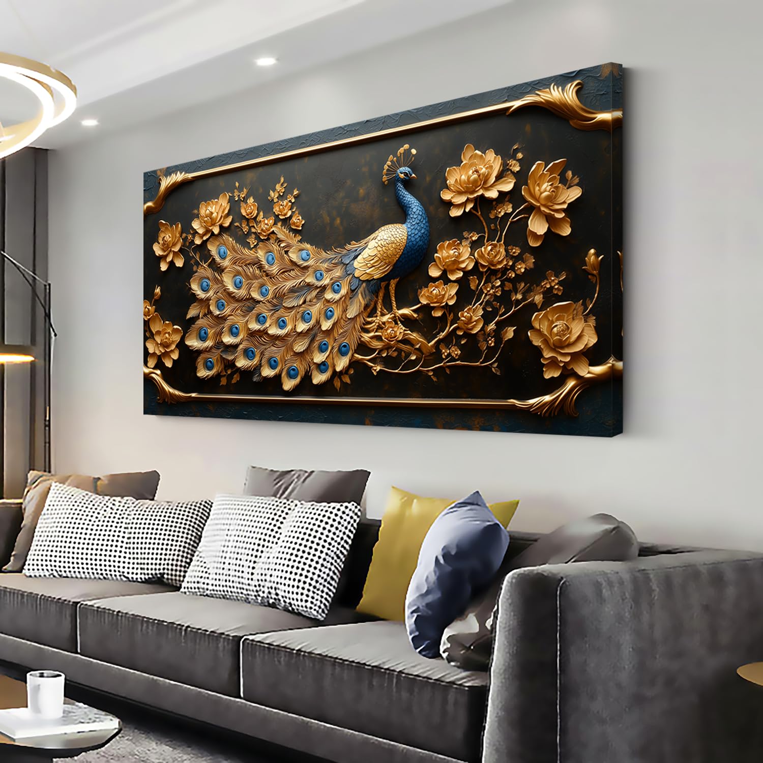 ZESTRILIA Pretty Peacock Wall Art for Living Room Office Gold Country Rustic Retro Asian Canvas Painting Prints Golden Vintage Elegant Peackock Artwork Dining Bedroom Decor Large (46x23 Inches)