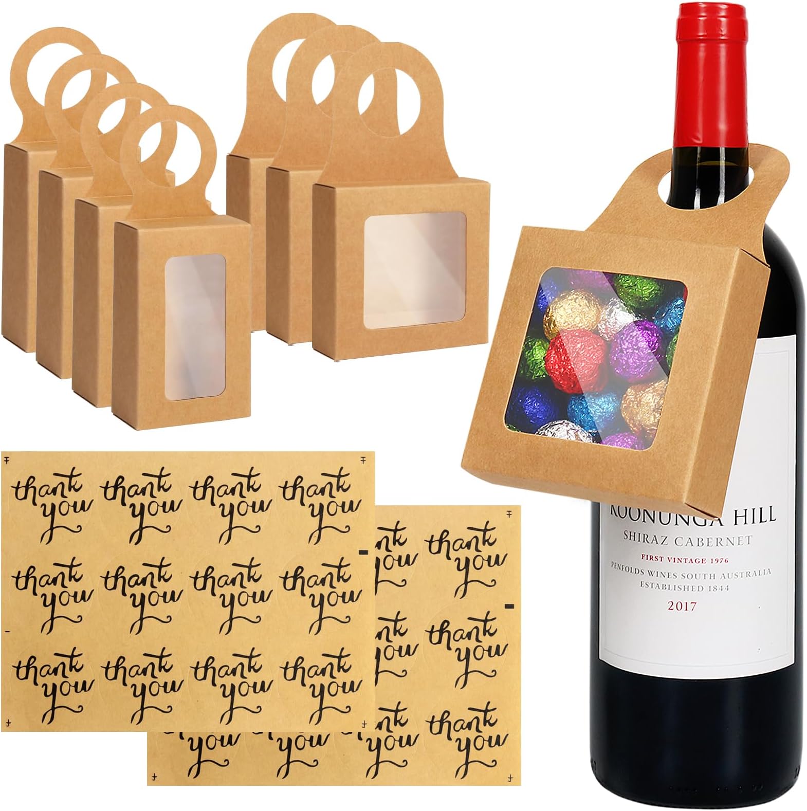 Wine Bottle Box with Window, 24PCS Foldable Wine Bottle Gift Hanger with 2 Sheets Paper Stickers for Hanging Bottle Gift Decoration (Kraft)