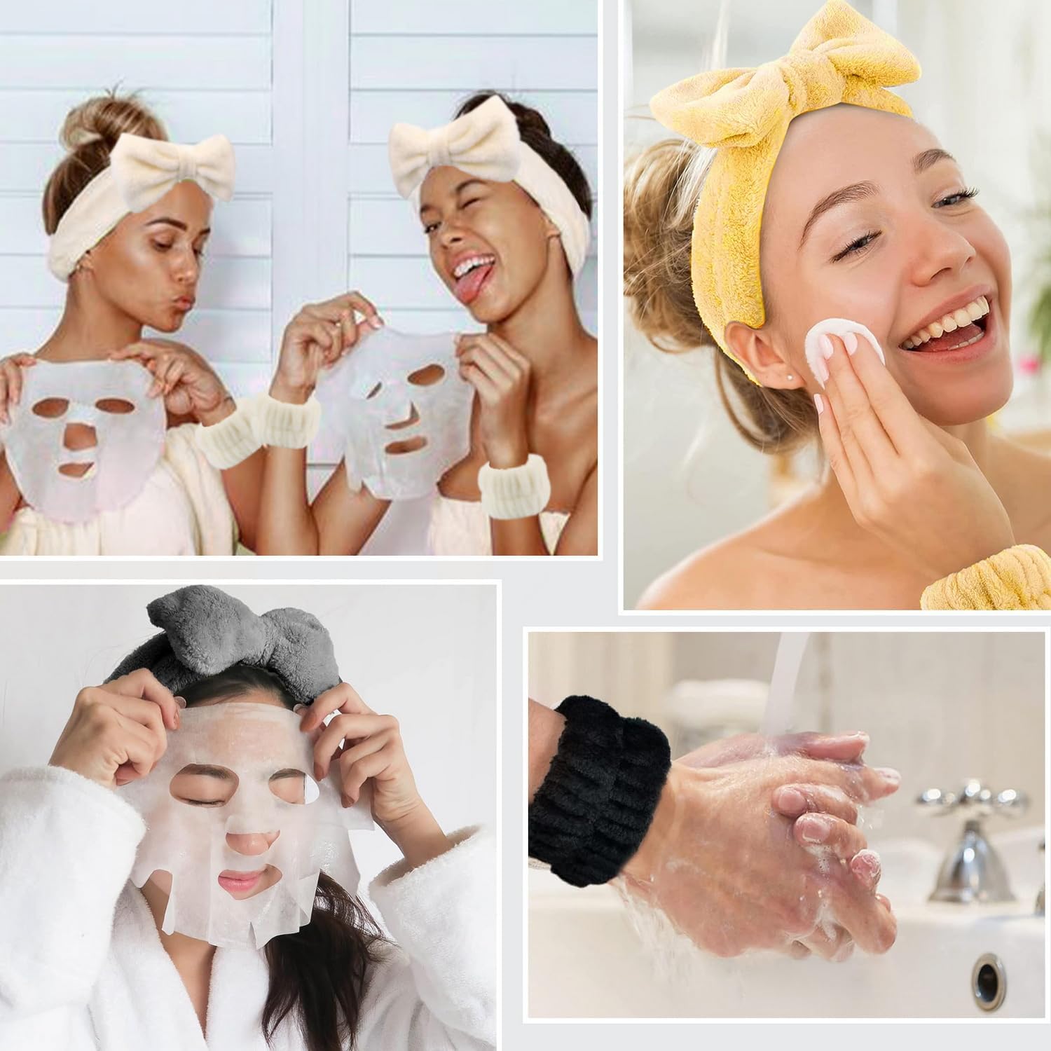 スパヘッドバンドとリストバンドセット、ガールズメイクアップボウタイヘアバンドリストバンド、洗顔用、ティーンガールズお泊りパーティー用