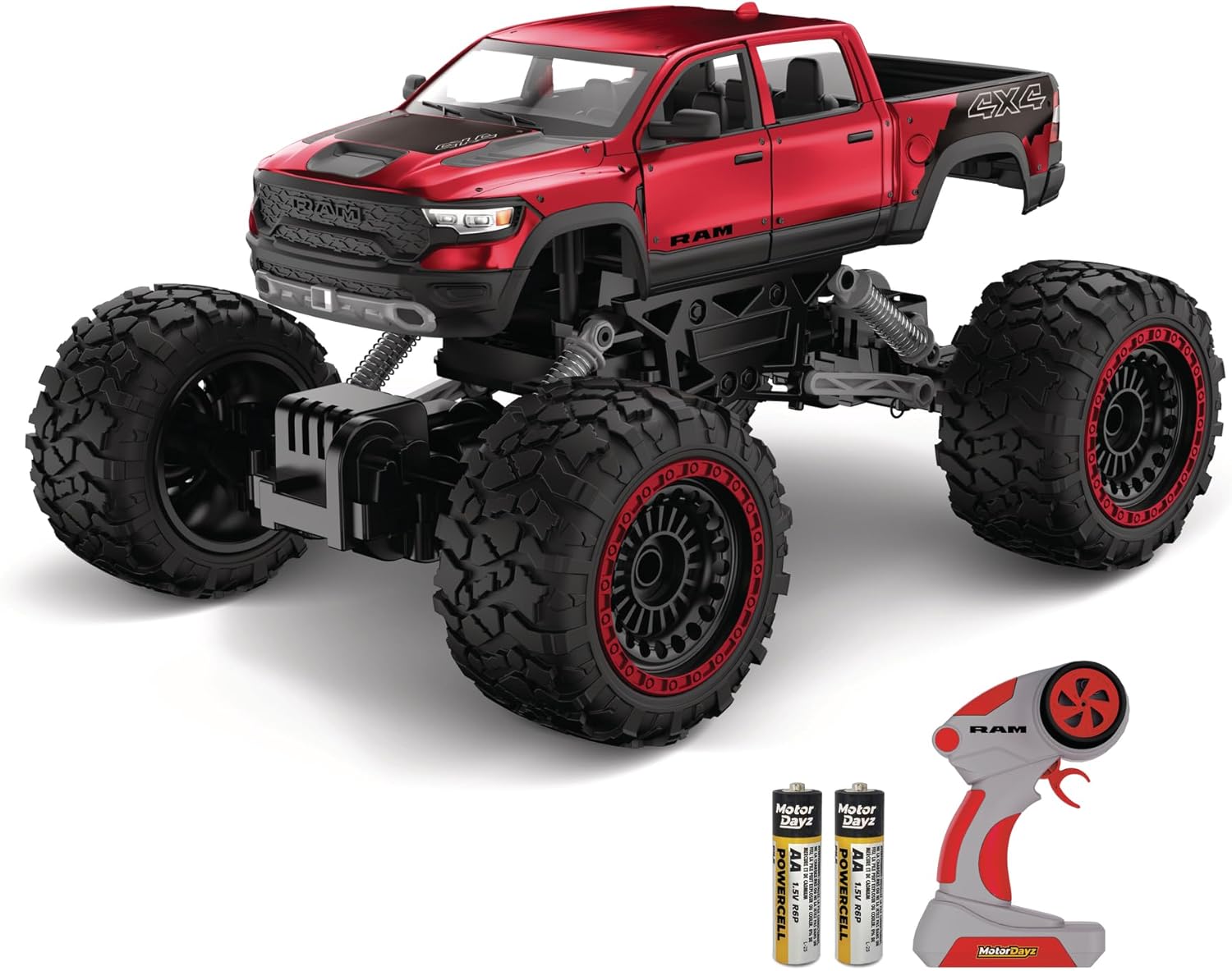 RC 4WD Heavy Metal RAM 1500 Pickup Truck – 1:14 Scale, Officially Licensed Stamped Metal Body, 4x4 All-Wheel Drive, 2.4GHz Full-Function Remote Control, Ready-to-Run, USB Charging, Red
