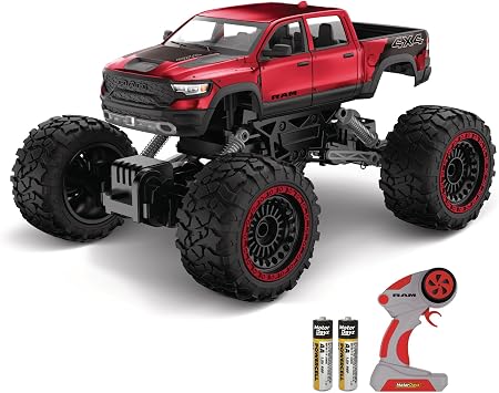 RC 4WD Heavy Metal RAM 1500 Pickup Truck 114 Scale, Officially Licensed Stamped Metal Body, 4x4 All-Wheel Drive, 2.4GHz Full-Function Remote Control, Ready-to-Run, USB Charging, Red