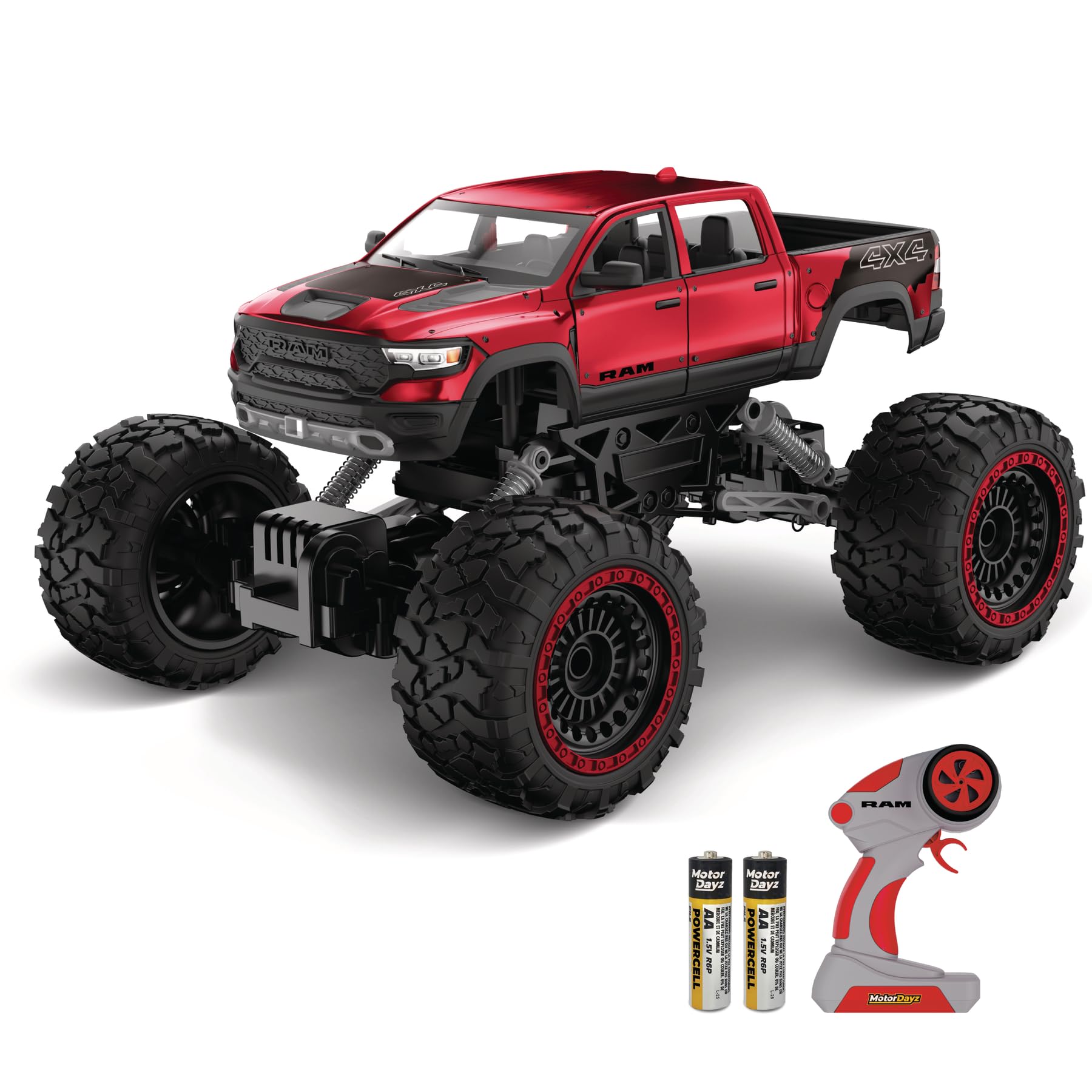 RC 4WD Heavy Metal RAM 1500 Pickup Truck  1:14 Scale, Officially Licensed Stamped Metal Body, 4x4 All-Wheel Drive, 2.4GHz Full-Function Remote Control, Ready-to-Run, USB Charging, Red