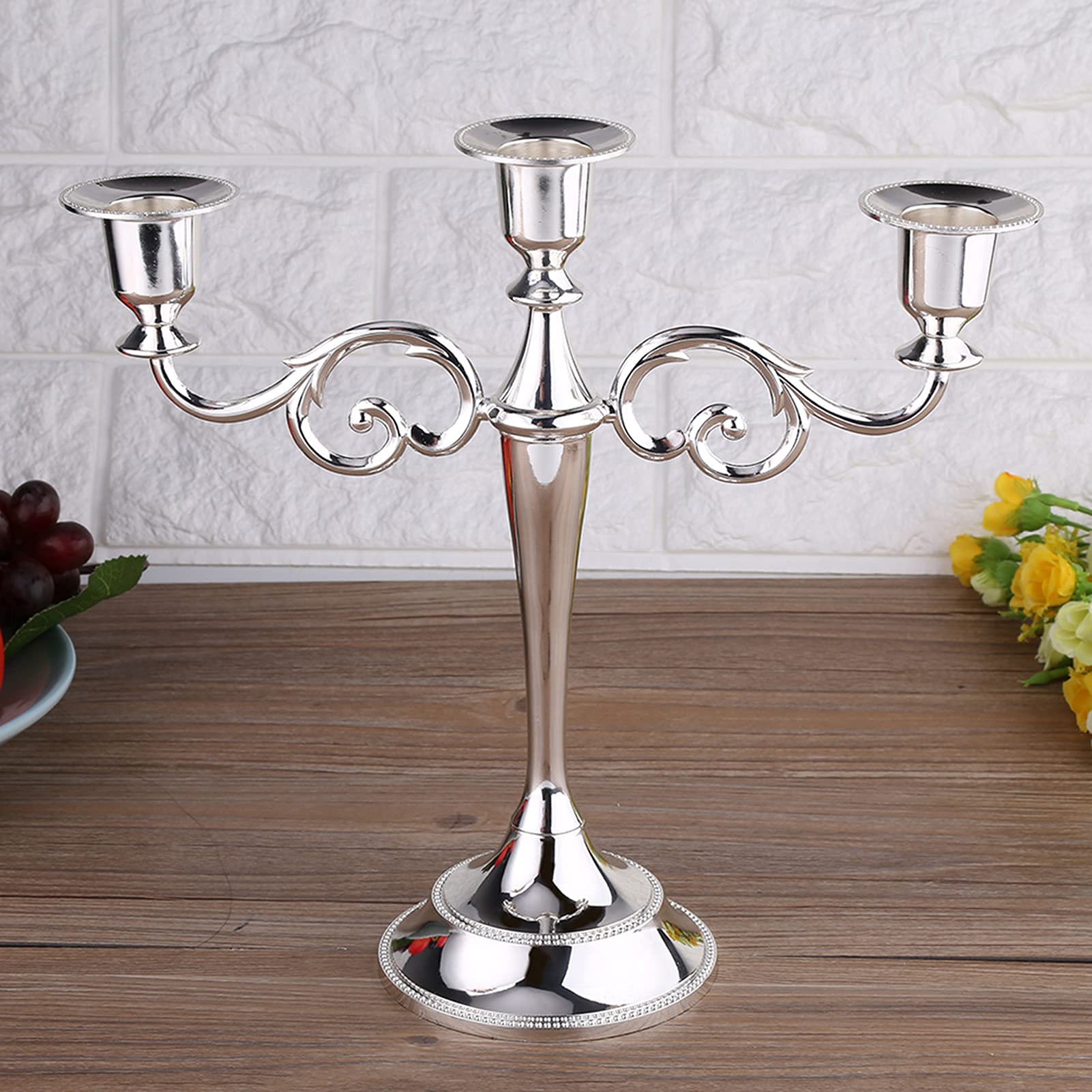 Ejoyous Candeliere a 3 Bracci, Portacandele Candelabro in Metallo, Candele a Bastoncino, Vintage per Natale, Matrimonio, Soggiorno, Davanzale (SILVER)