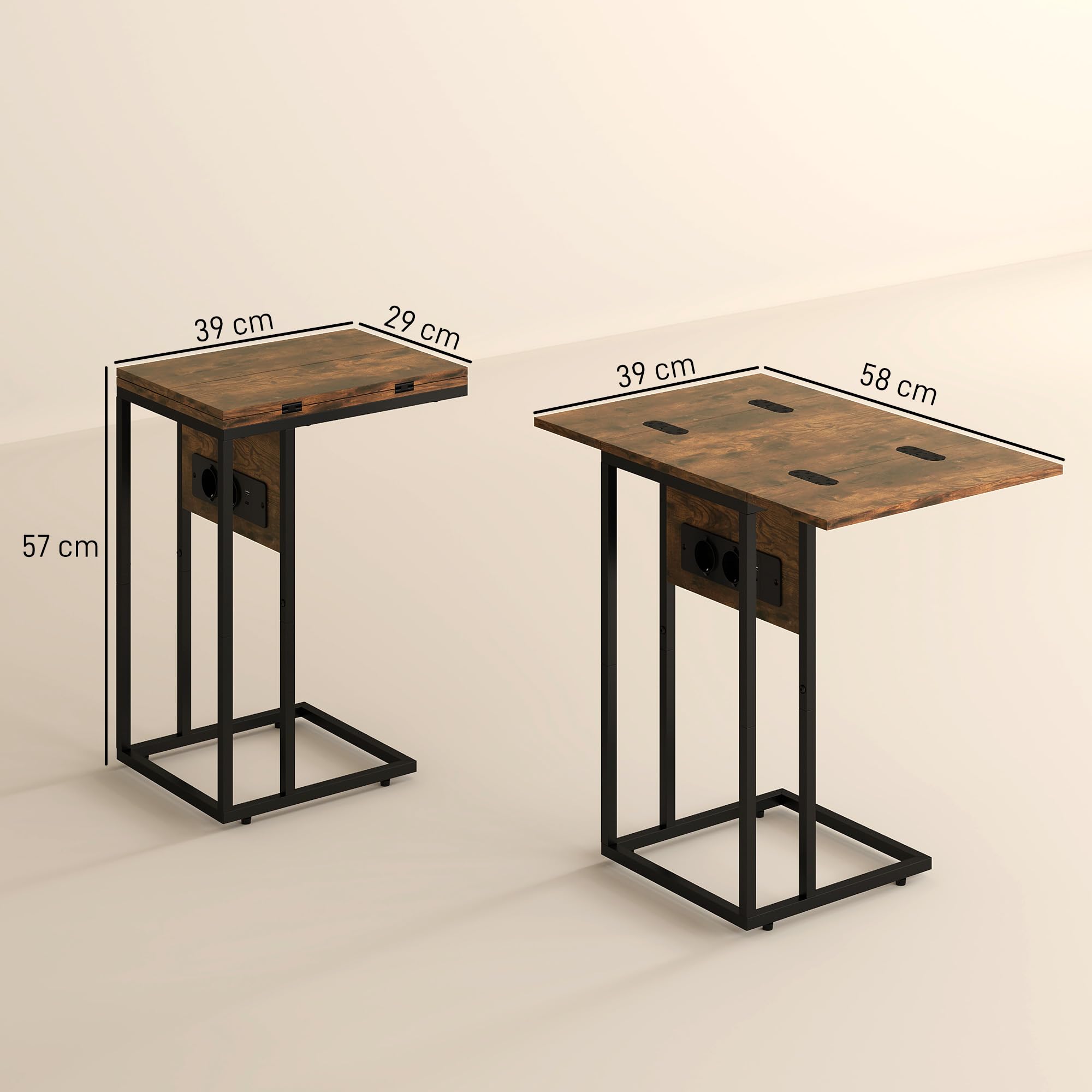 HOMCOM Mesa Auxiliar con Encimera Plegable 39x29x57 cm Marrón Rústico | Mesa Auxiliar para Sofá, Estación de Carga, Forma de C, Puerto USB y USB-C, Salón y Dormitorio