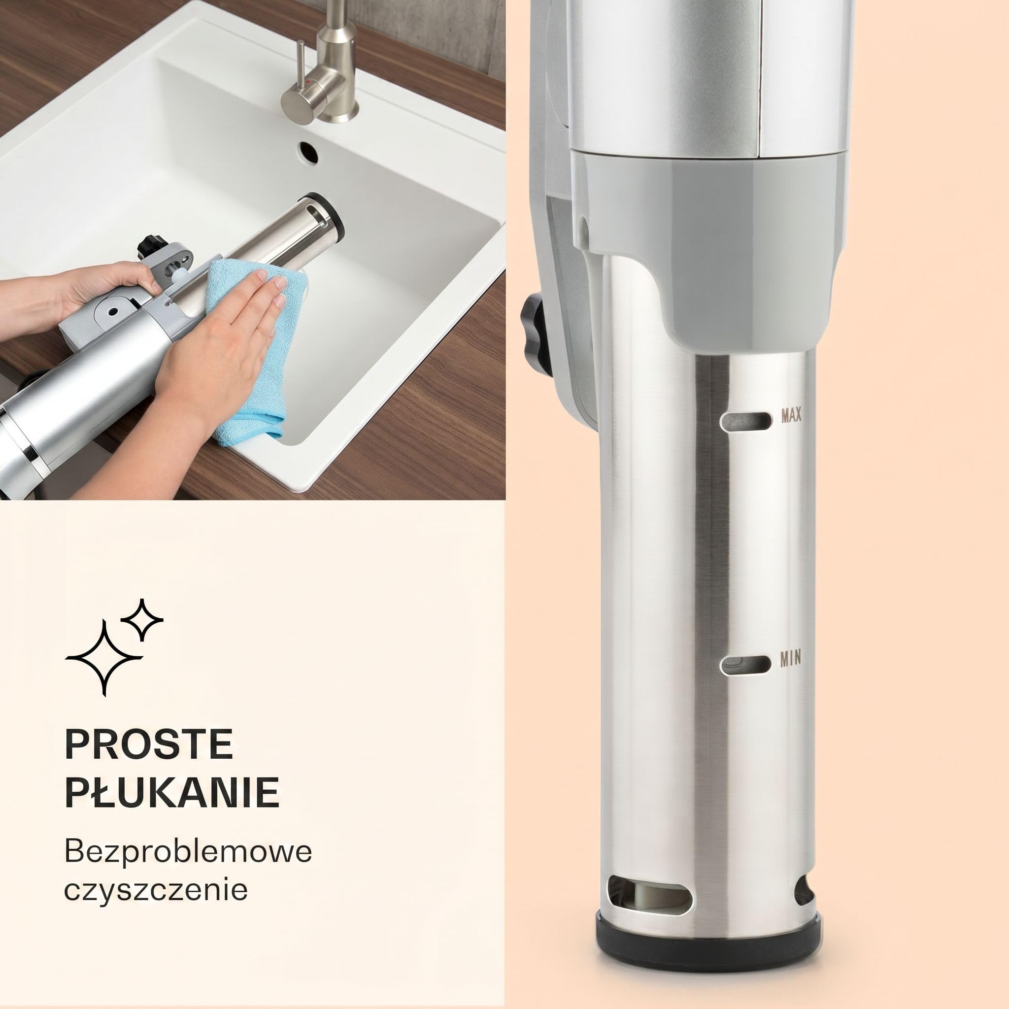 Klarstein Quickstick - Urządzenie sous-vide, Precyzyjny podgrzewacz, Wolnowar, 1300 W, Funkcja timera, 3D Circulating, 0-95 °C, Wyświetlacz dotykowy LCD, Wodoodporny, do 20 litrów, flex, srebrny