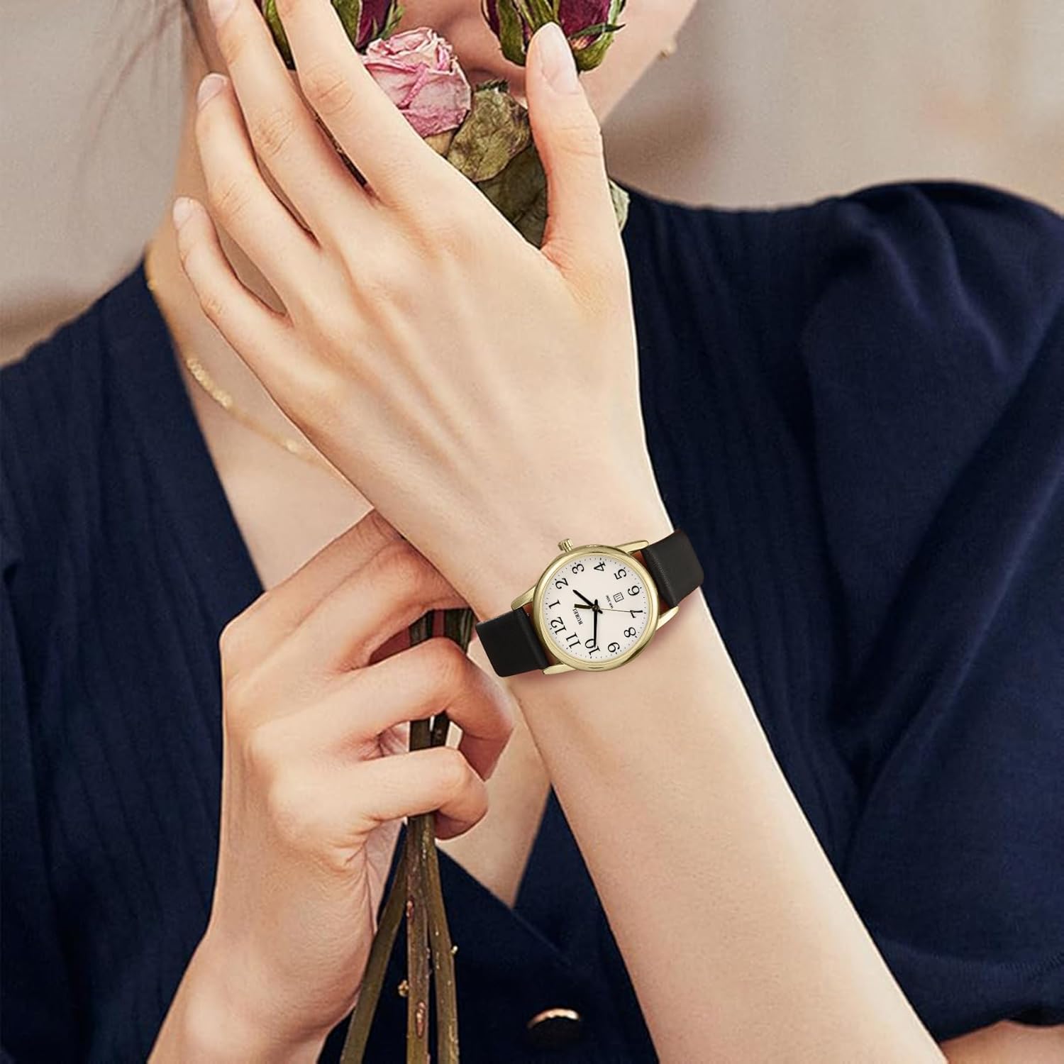 BUREI Women's Black Leather Watches Easy to Read Minimalist Watch for Women and Nurses, Gift for Her(White Face with Luminous) - Image 7