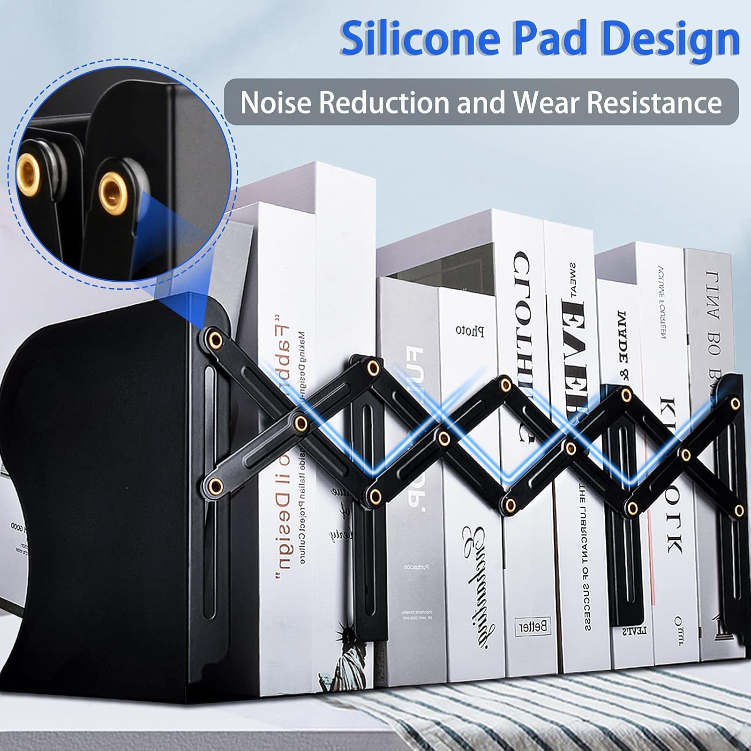 2PCS Non Skid Book Ends to Hold Books, Carooyac Heavy Duty Bookends Adjustable Book End, Metal Bookends for Shelves, Black Book Holders for Bookshelf Desk - Extends up to 19"