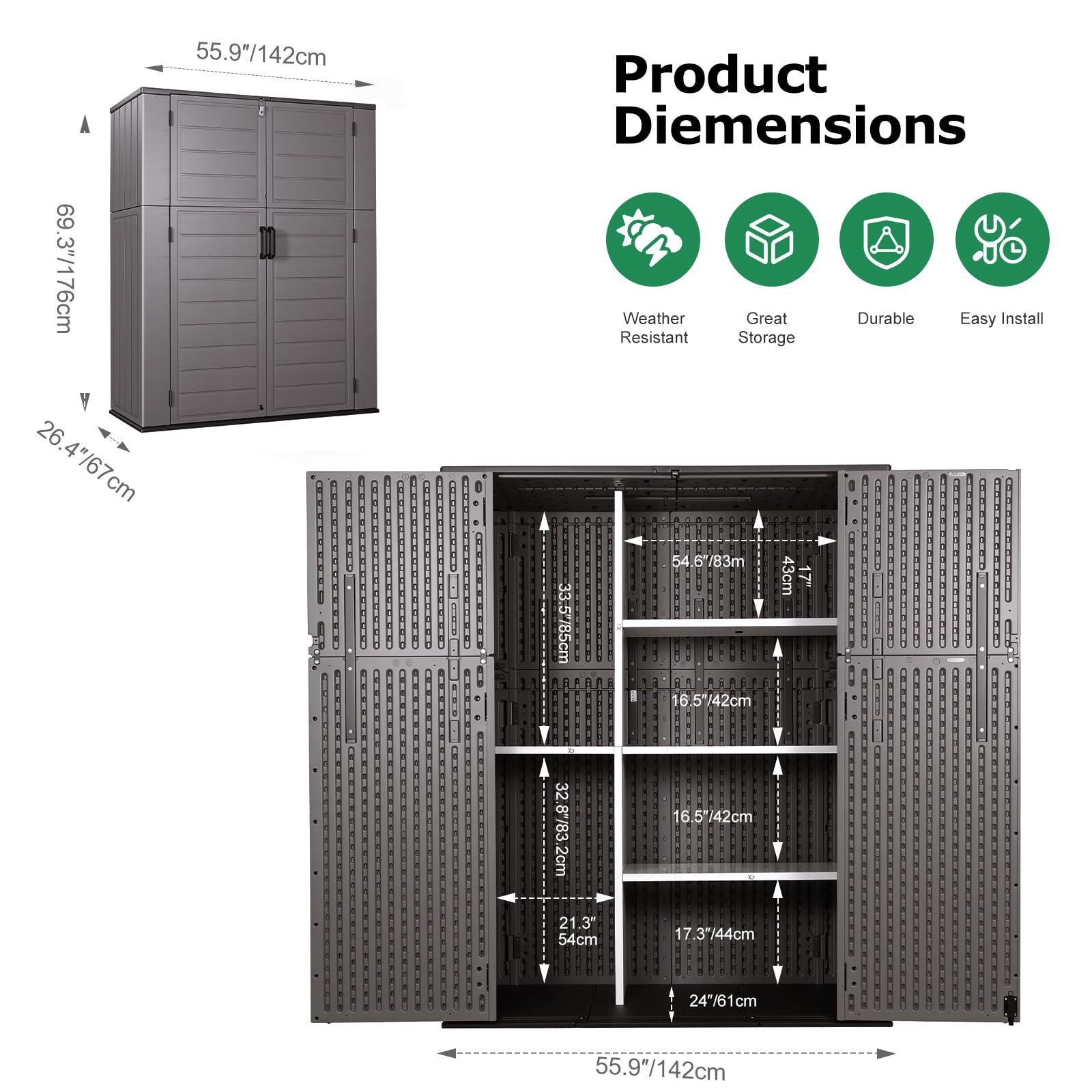 Panana Plastic Shed Garden Storage With Shelf Support Floor Lockable Outdoor Storage House Tool Shed Box, Compact Utility Tool Cabinet L142xW67xH176cm (GSGD25+Shlef) — view 3