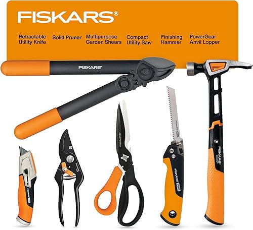 Fiskars - Herramienta esencial para hogar, podadora PowerGear, tijeras, podadora tipo bypass, sierra plegable de 2 cuchillas, martillo IsoCore,