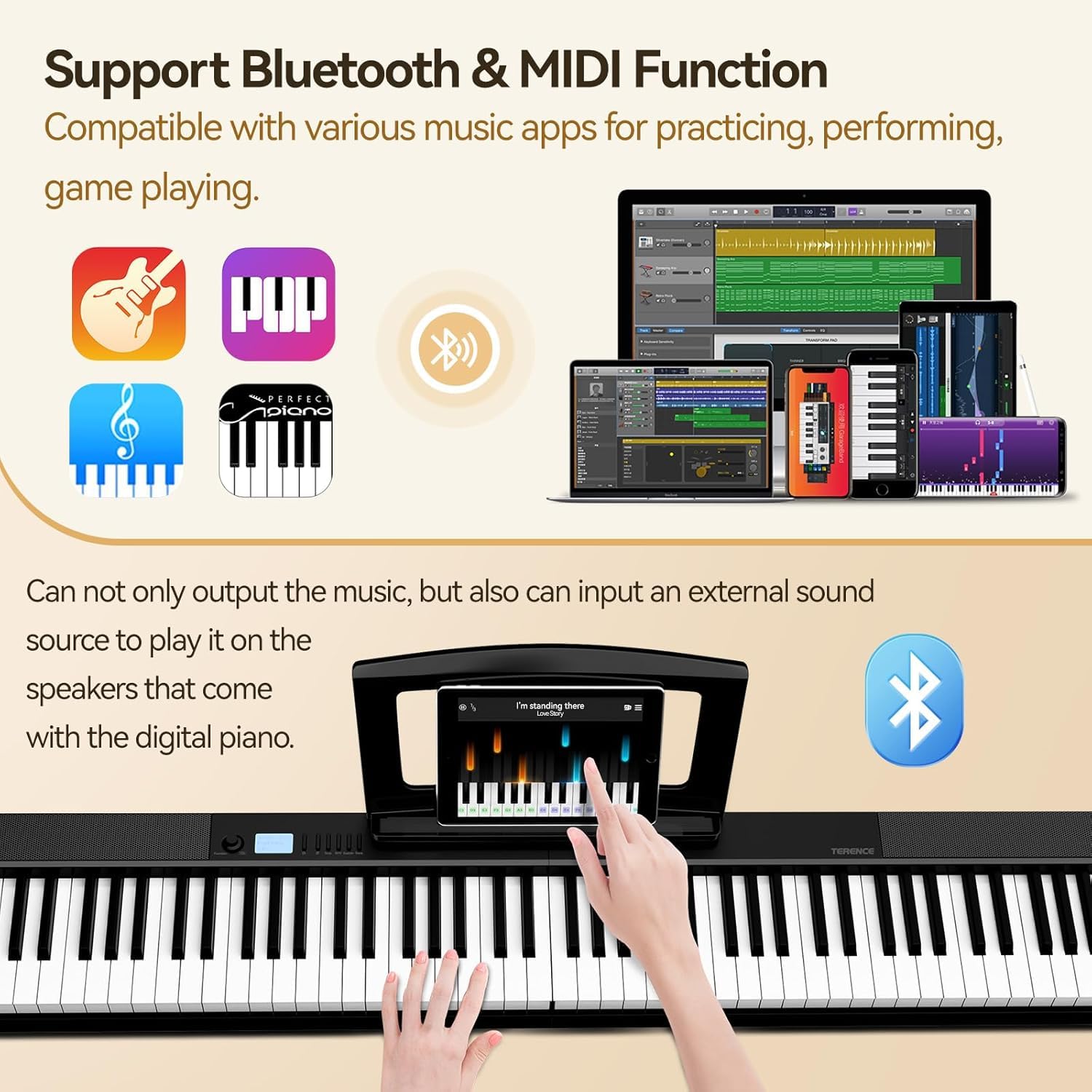 TERENCE Pieghevole Pianoforte Digitale 88 Tasti semi-pesati con batteria da 1800 mAh Altoparlanti 2x5W Bluetooth interfaccia MIDI supporto per spartiti Borsa adesiva Cavo audio con Pedale di sostegno