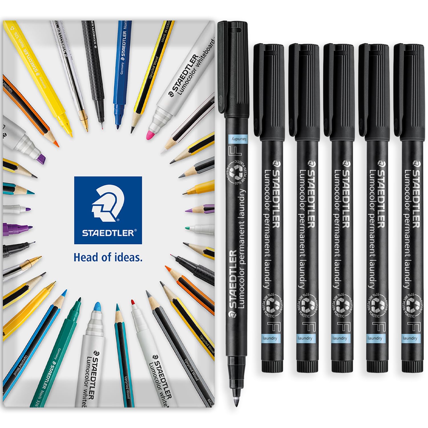 STAEDTLER Lumocolor Laundry Marker Pen - Permanent Fabric Textile Markers Fine 0.6mm Tip Pens - Black Ink - in Envelope Gift Packaging (Pack of 6)