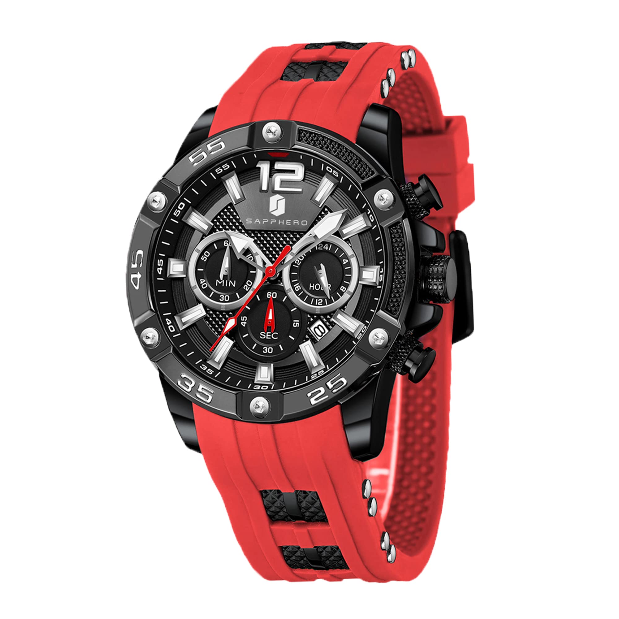 Sapphero Mens Watches Men's Quartz Movement Chronograph Date Calendar Silicone Strap 30M Waterproof Black Blue Men's Watches Wristwatch Gifts for Men