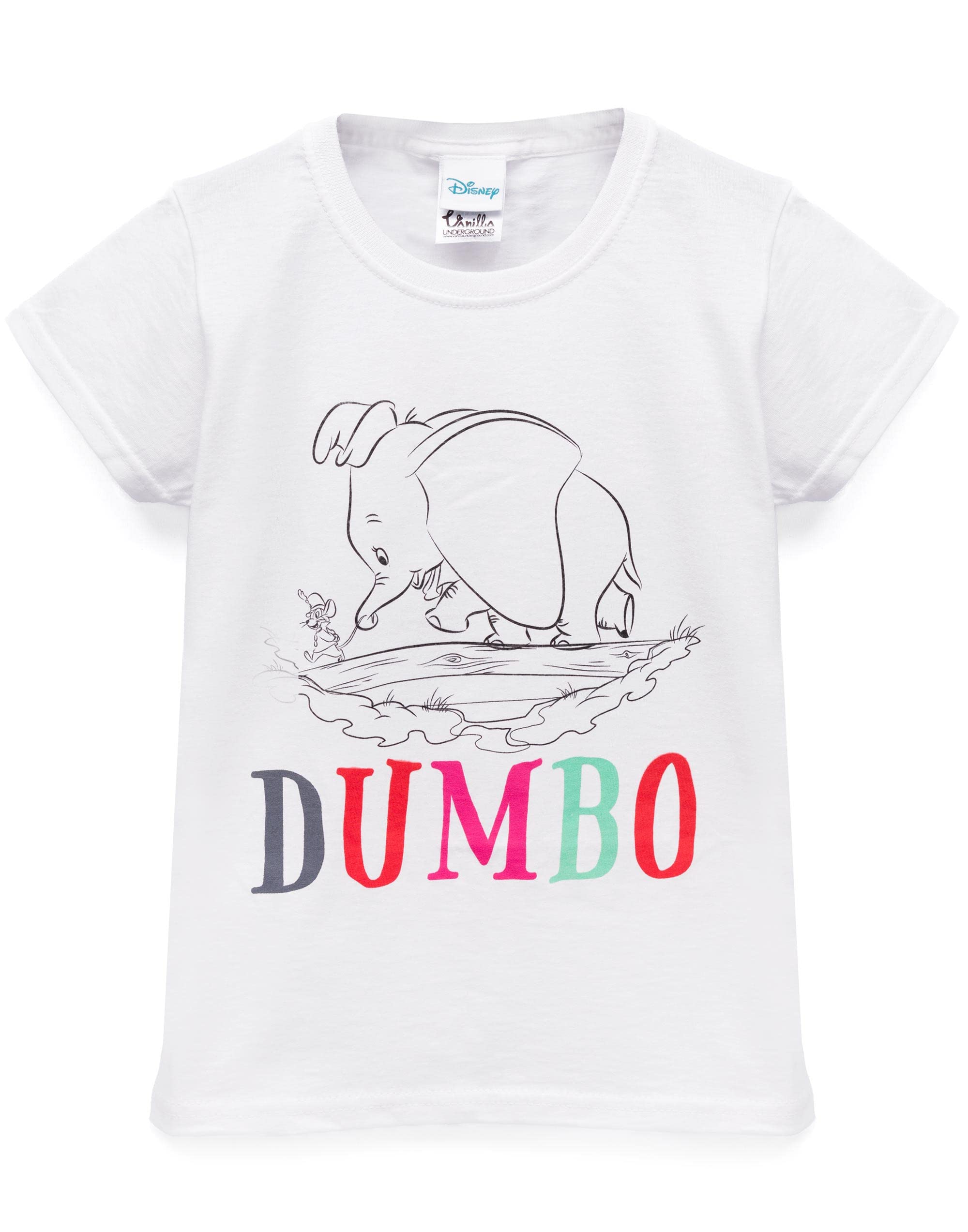 Disney Girls White Dumbo T-Shirt For | Kids Animated Sketch Character Short Sleeve Top | Merchandise Gifts For Her 7-8 Years