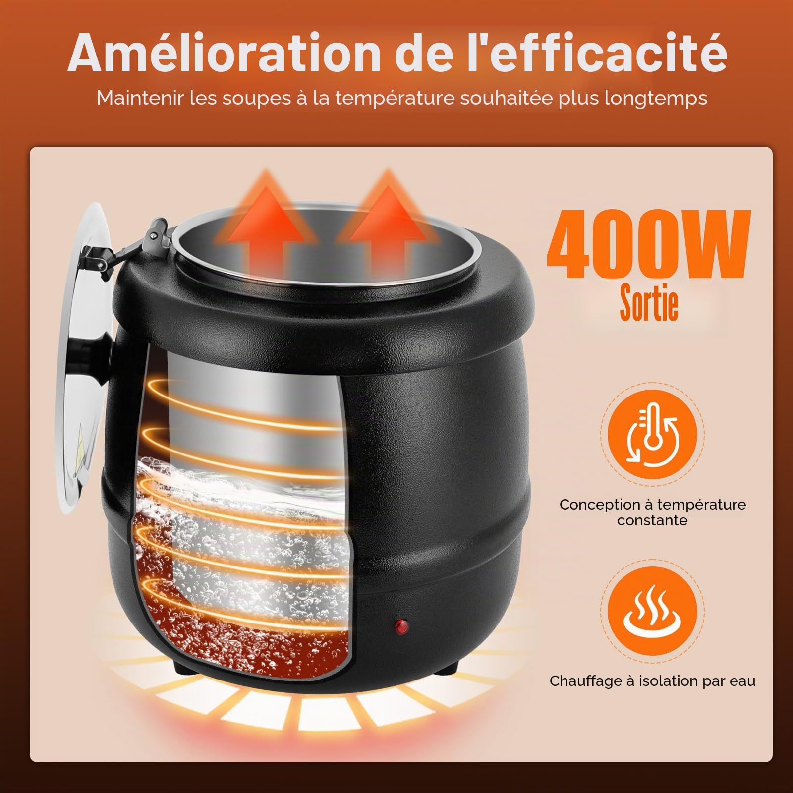Marmite à Soupe Électrique 10L en Acier Inoxydable Soupiere Electrique Température Contrôlable Marmite Electrique pour Foyers/Buffets/Restaurants/Boutiques de Petit-déjeuner