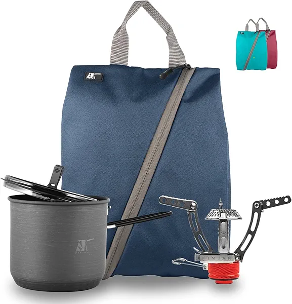 FINJAN Backpack Cooking Kit Camping Set Ultralight for 2 People, “EX” Easy Store Coffee Pot, Portable Travel Burner Stove, Water Resistant Case. Small Light Compact for Boiling Water Coffee Tea.