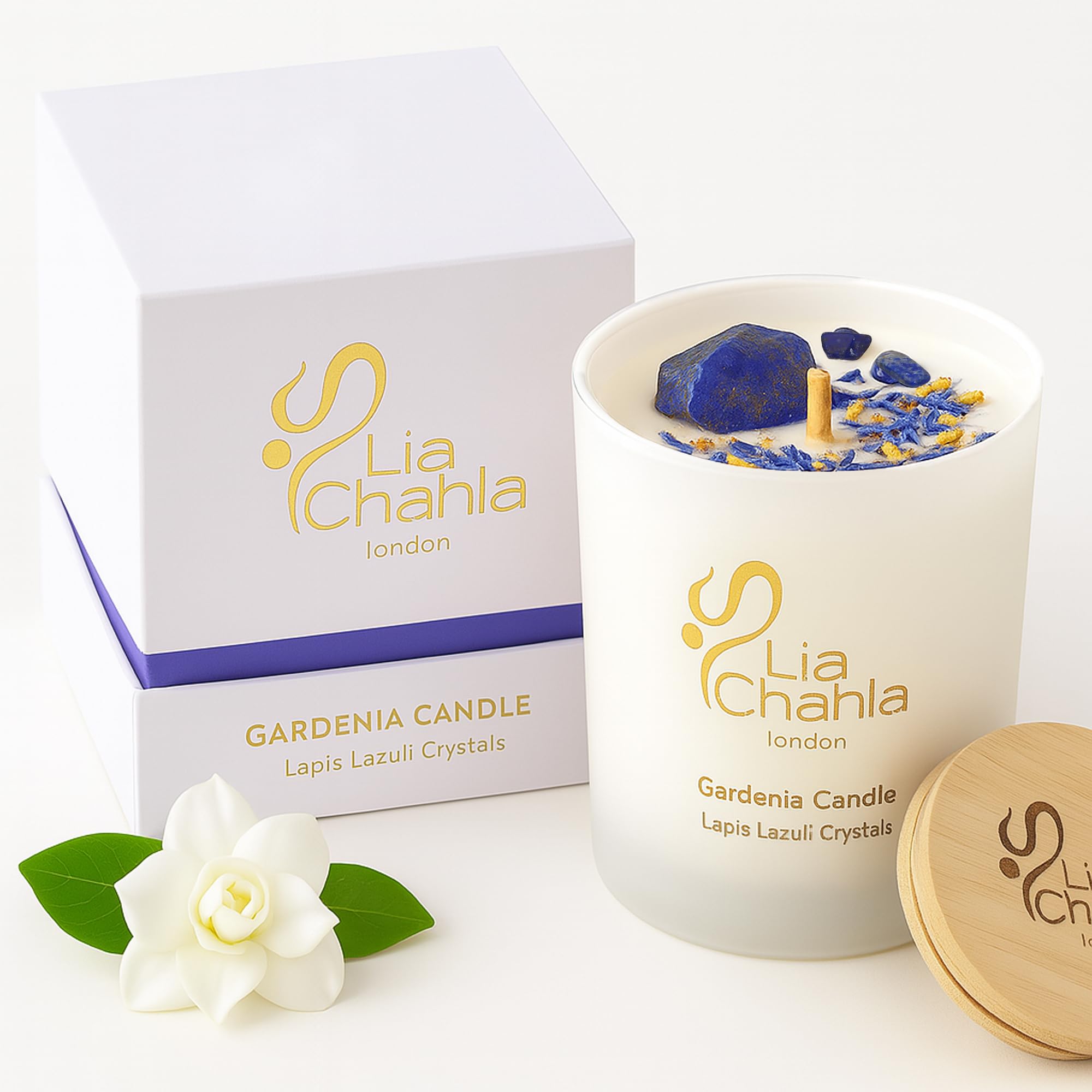 Lia Chahla London Gardenia Soy Candle with Lapis Lazuli Crystals, Natural Aromatherapy Candle, Luxury Scented Candle for Home - Image 2
