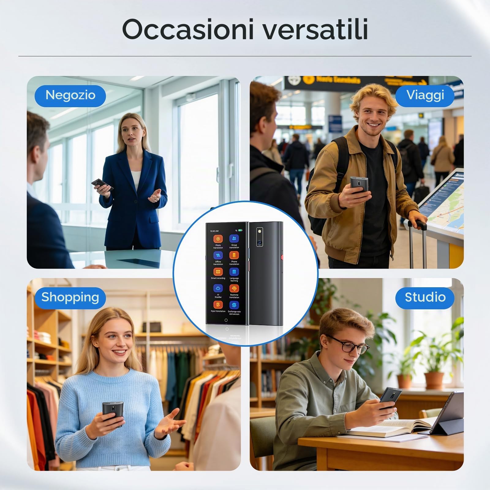 Dispositivo di Traduzione Vocale,Traduttore con Sintesi Vocale,150 lingue Traduzione AI online e offline,Traduzioni di Gruppo e Telefoniche,Non richiede WiFi,Schermo HD da 5,5" per Viaggi e Affari