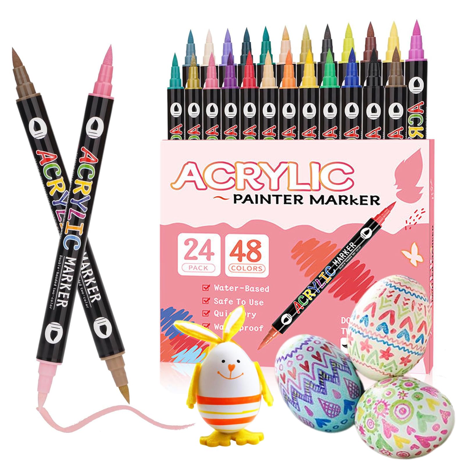 Rotuladores Acrilicos Permanentes, 48Colores/24Piezas 1-5mm Rotuladores de Pintura Acrílica Doble Punta con Fina y Pincel para Roca/Cristal/Cerámica/Plastico/Metal/Lienzo/Madera/Papel/huevos de Pascua